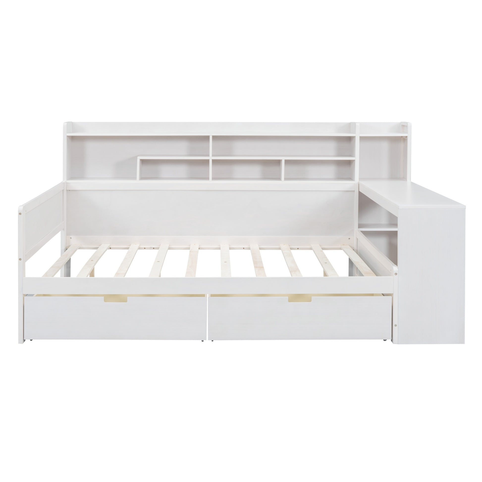 Wooden Full Size Daybed With Storage Shelves, Multi Functional Bed With Two Storage Drawers And Study Desk, Antique White Old Sku: Hl000089Aak Full Antique White Wood