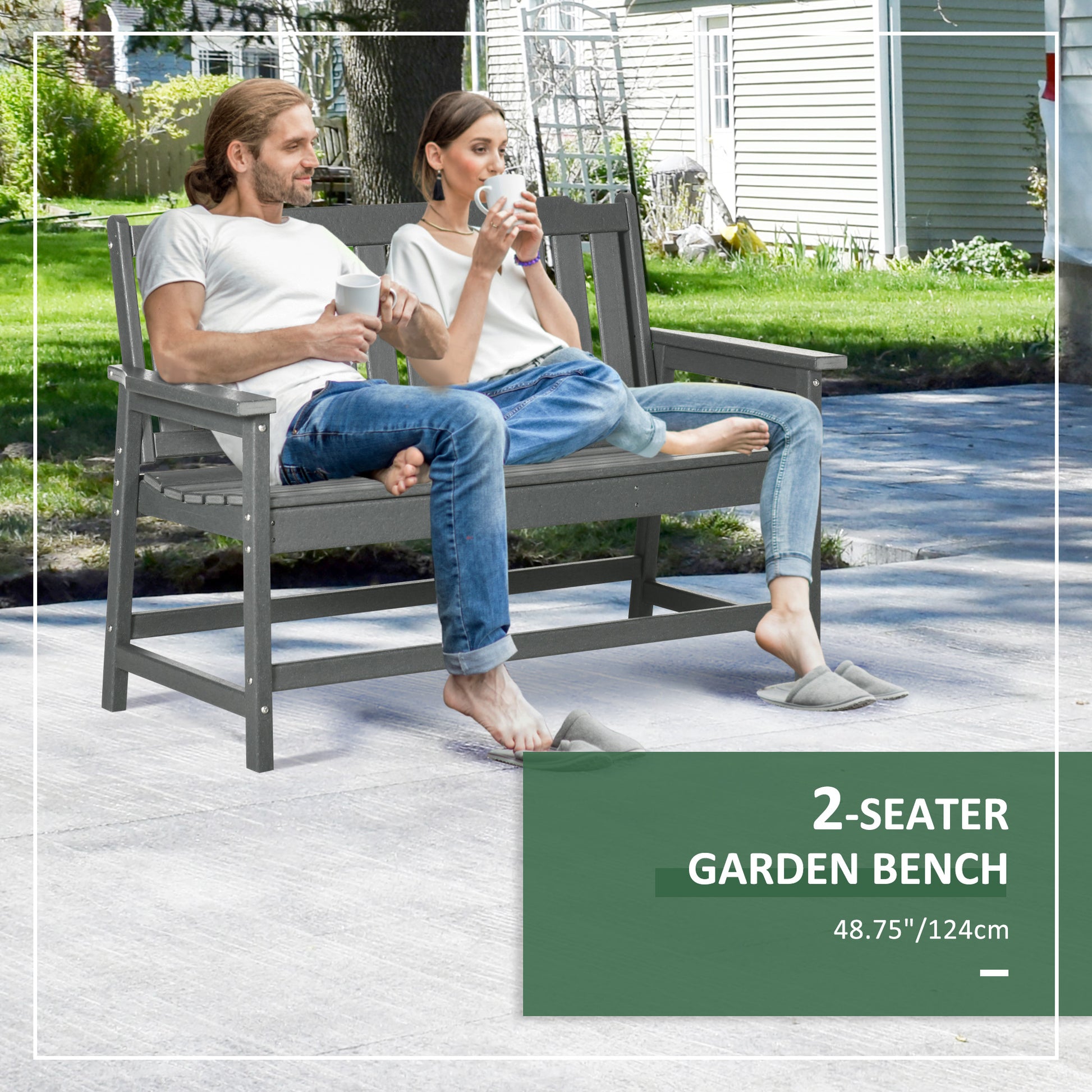 Outsunny Outdoor Bench, 2 Person Park Style Garden Bench With All Weather Hdpe, 704 Lbs. Weight Capacity Porch Bench With Slatted Back & Armrests, Dark Gray Dark Gray Plastic
