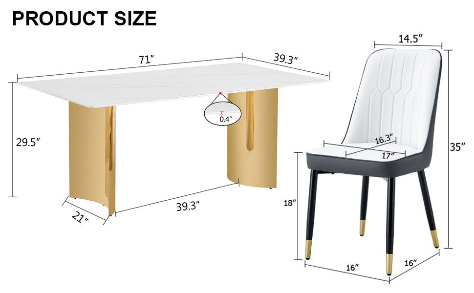 Table And Chair Set.The Table Has A Glass Top With Imitation Marble Pattern Stickers And Stainless Steel Golden Legs. Paried With Chairs With Pu Artificial Leather Backrest Cushions And Black Legs. Black Gold Seats 8 Glass Metal