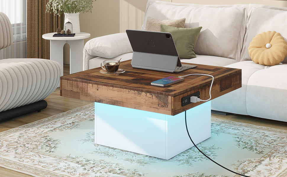 31.4'' X 31.4'' Farmhouse Coffee Table With 2 Usb Ports And Outlets, Brown Spliced Wood Grain Center Table With Led Light, Rustic Cocktail Table With Charging Station For Living Room, White White Primary Living Space Square Particle Board