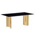 Table And Chair Set.The Table Has A Glass Top With Imitation Marble Pattern Stickers And Stainless Steel Golden Legs. Paried With Chairs With Pu Artificial Leather Backrest Cushions And Black Legs. Black Gold Seats 6 Glass Metal