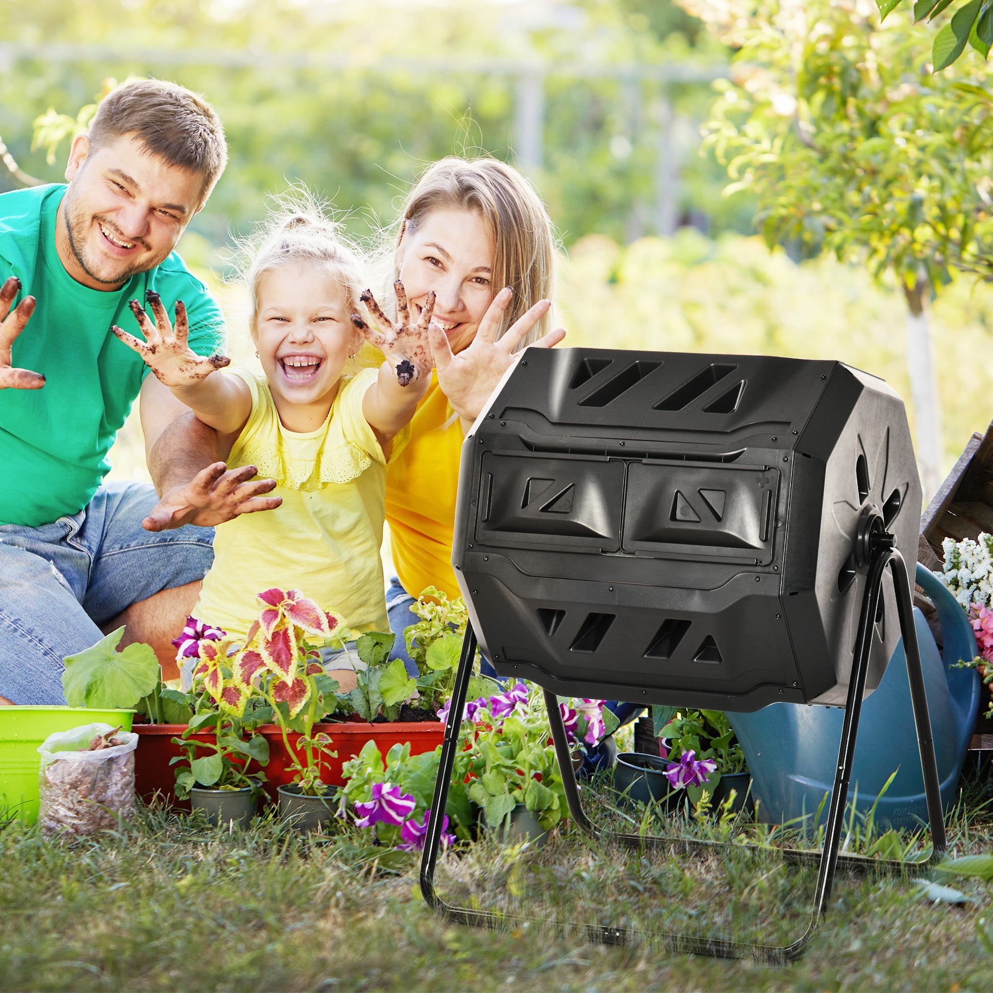 Outsunny Tumbling Compost Bin Outdoor 360 Dual Rotating Composter 43 Gallon, Black Black Plastic