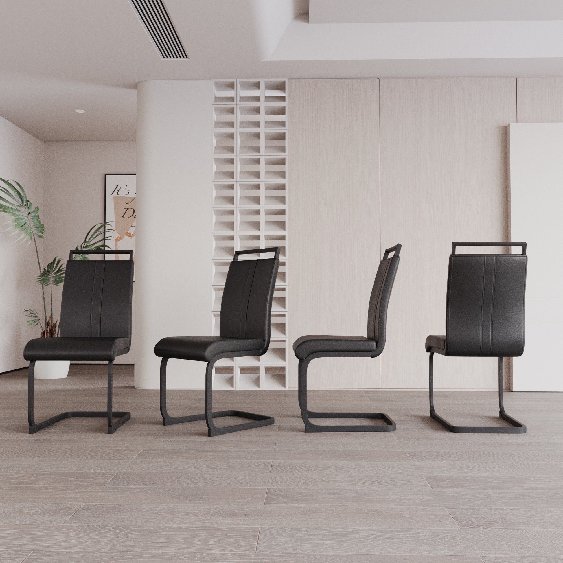 Modern Dining Chairs,Pu Faux Leather High Back Upholstered Side Chair With C Shaped Tube. Black Metal Legs For Dining Room Kitchen Vanity Patio Club Guest Office Chair Set Of 4 Black Pu Black Foam Pu
