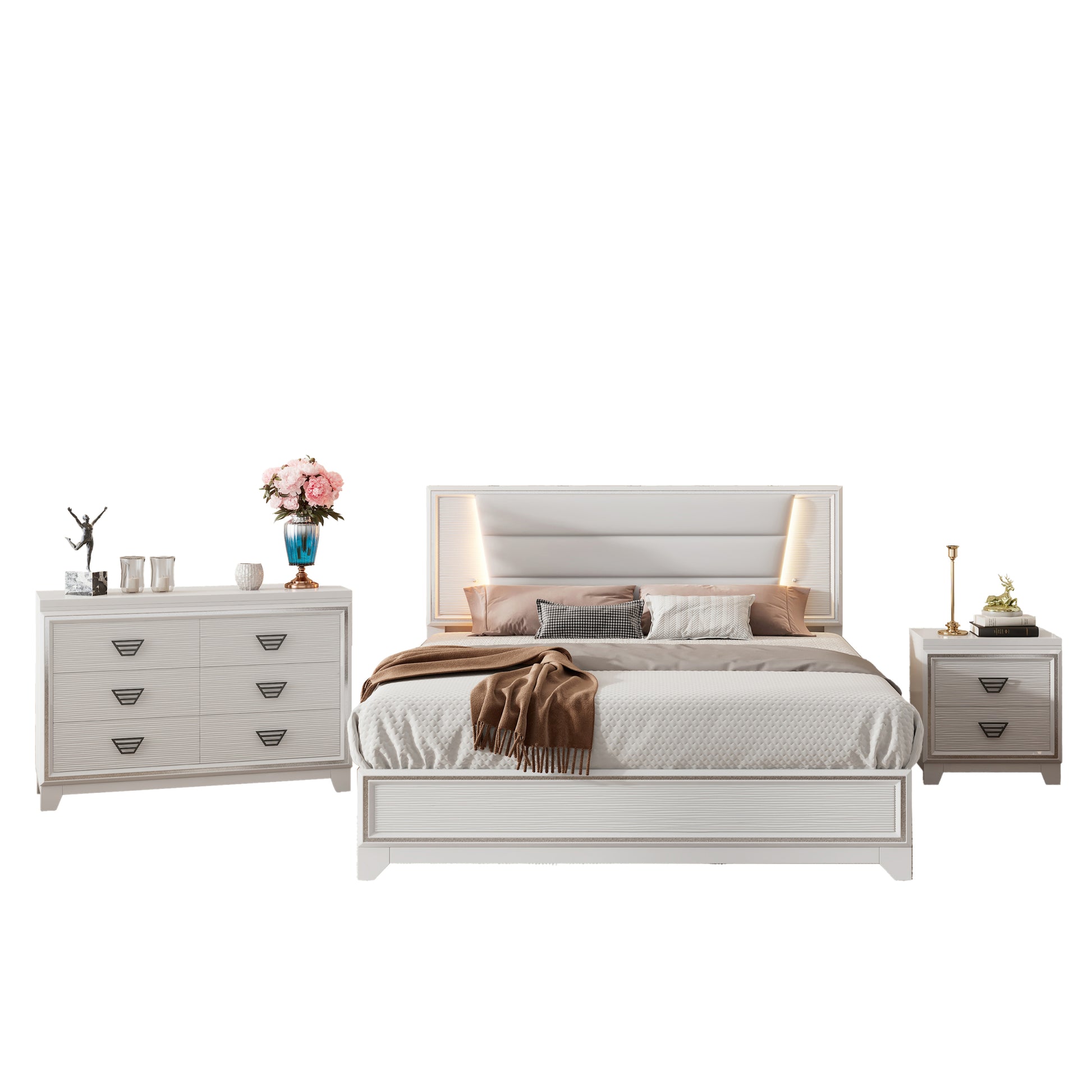 3 Pieces Bedroom Sets Queen Size Upholstered Bed With Led Lights, Nightstands And Dresser With Metal Handles And Sparkling Shiny Decoration, White Expected Arrival Time:8.5 Queen White 3 Piece Set Mdf Metal
