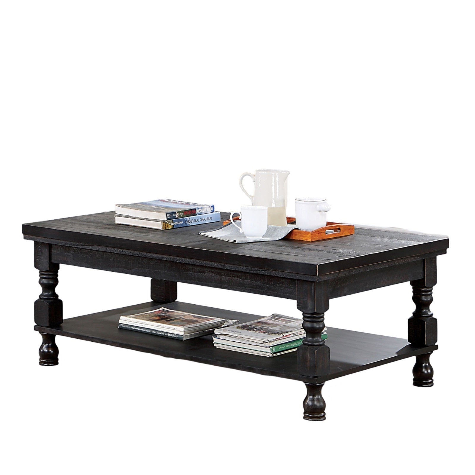 Rustic Style Antique Black 1Pc Coffee Table Open Bottom Shelf Plank Style Table Top Living Room Furniture Antique Black Primary Living Space Classic,Contemporary,Modern,Rustic,Transitional Open Storage Rectangular Coffee & End Tables Solid Wood