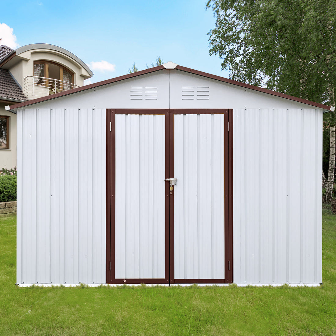 Metal Garden Sheds 10Ftx12Ft Outdoor White Coffee White Metal