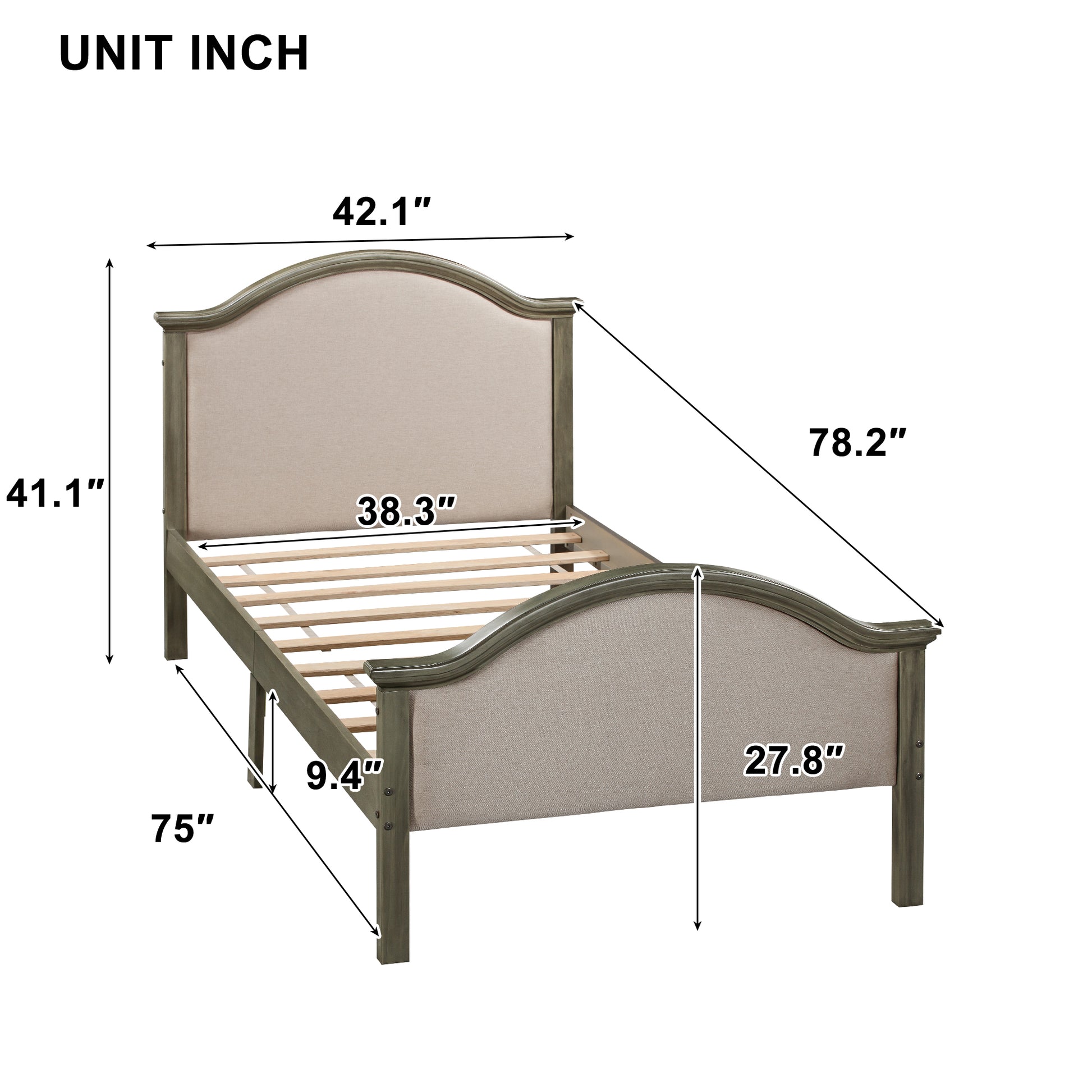 Twin Size Bed Frame With Headboard And Footboard, Upholstered Twin Platform Bed With Strong Wooden Slats Support,Grey Twin Grey Bedroom American Design Pine