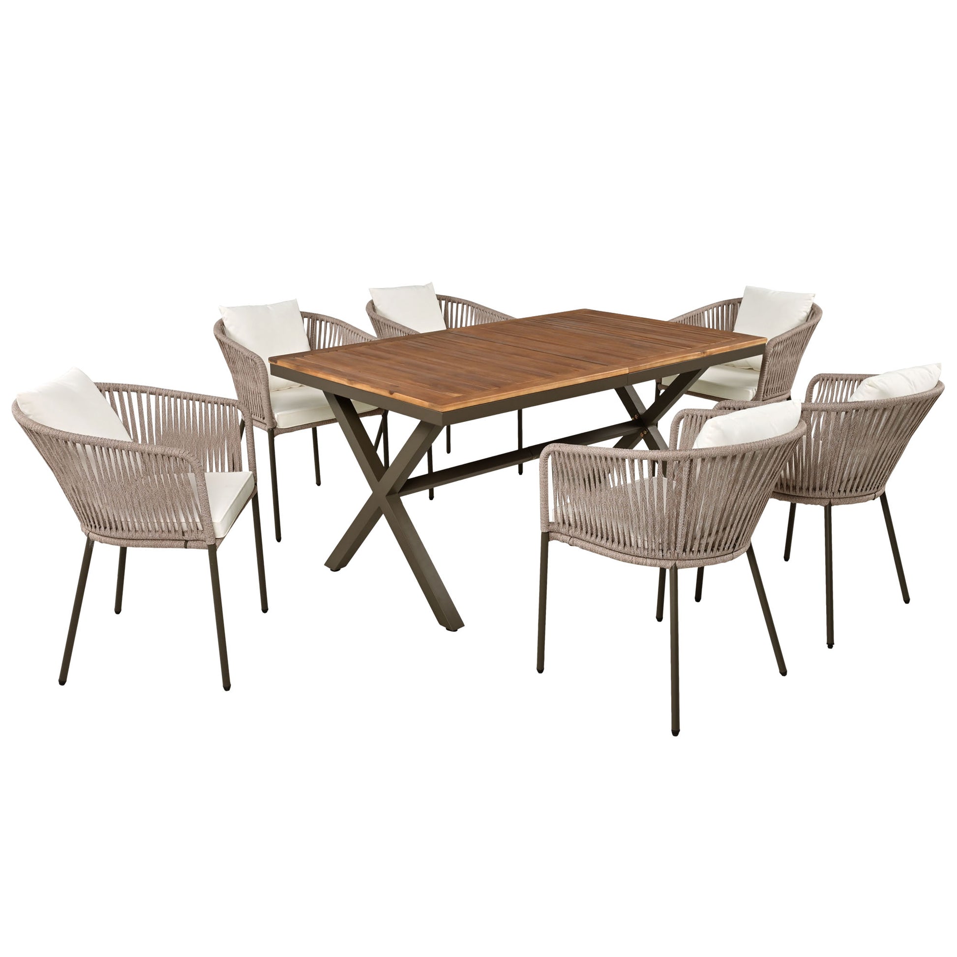 7 Pieces Patio Dining Set, All Weather Outdoor Furniture Set With Dining Table And Chairs, Acacia Wood Tabletop, Metal Frame, For For Garden, Backyard, Balcony, Beige Yes Beige Seats 6 Garden &