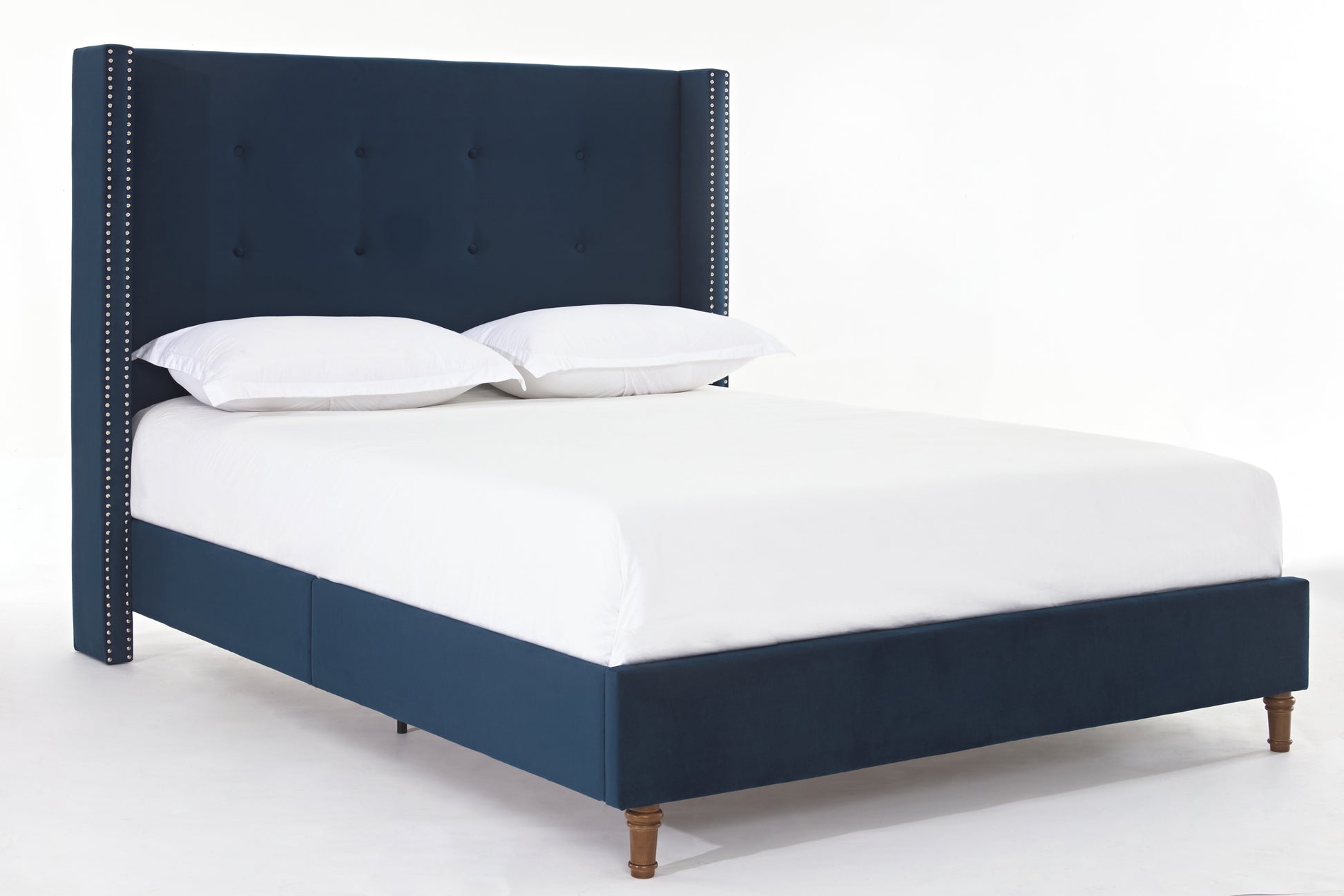 Peyton Upholstered Queen Bed 54" High Headboard Traditional Hand Buttoned Tufting Trim Wingback No Box Spring Needed Easy Assembly Blue Velvet Box Spring Not Required Queen Blue Metal Brown Bedroom Classic,European,Modern,Traditional Oak Bed Frame Foam