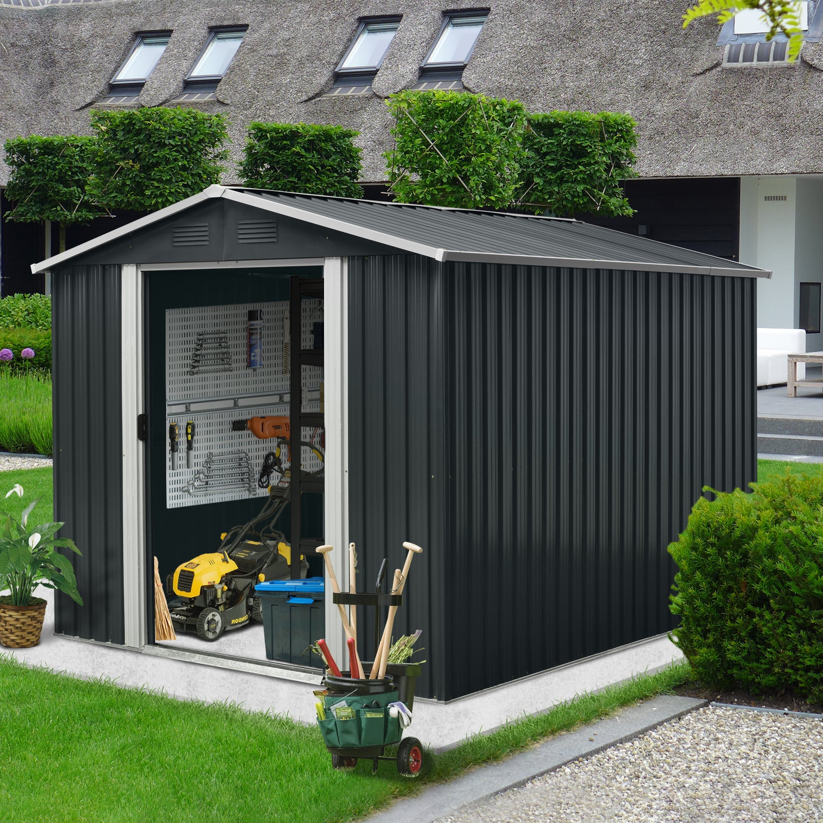 8Ft X 10Ft Outdoor Metal Storage Shed With Floor Base,Black Black Iron