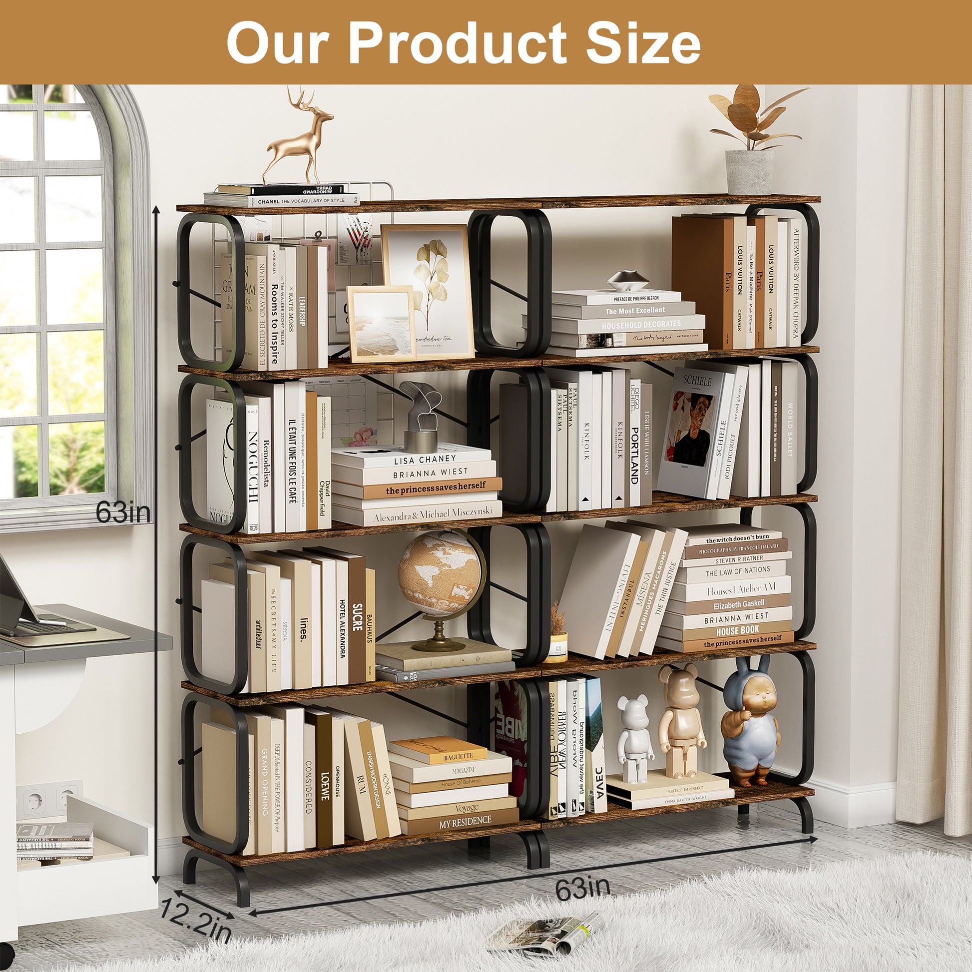 5 Tier Large Book Shelf, Bookcase Home Office Open Bookshelf,Shelves For Living Room, Office Shelf,Vintage Industrial Style Bookshelf With Metal Frame,Rustic Brown Black Primary Living Space