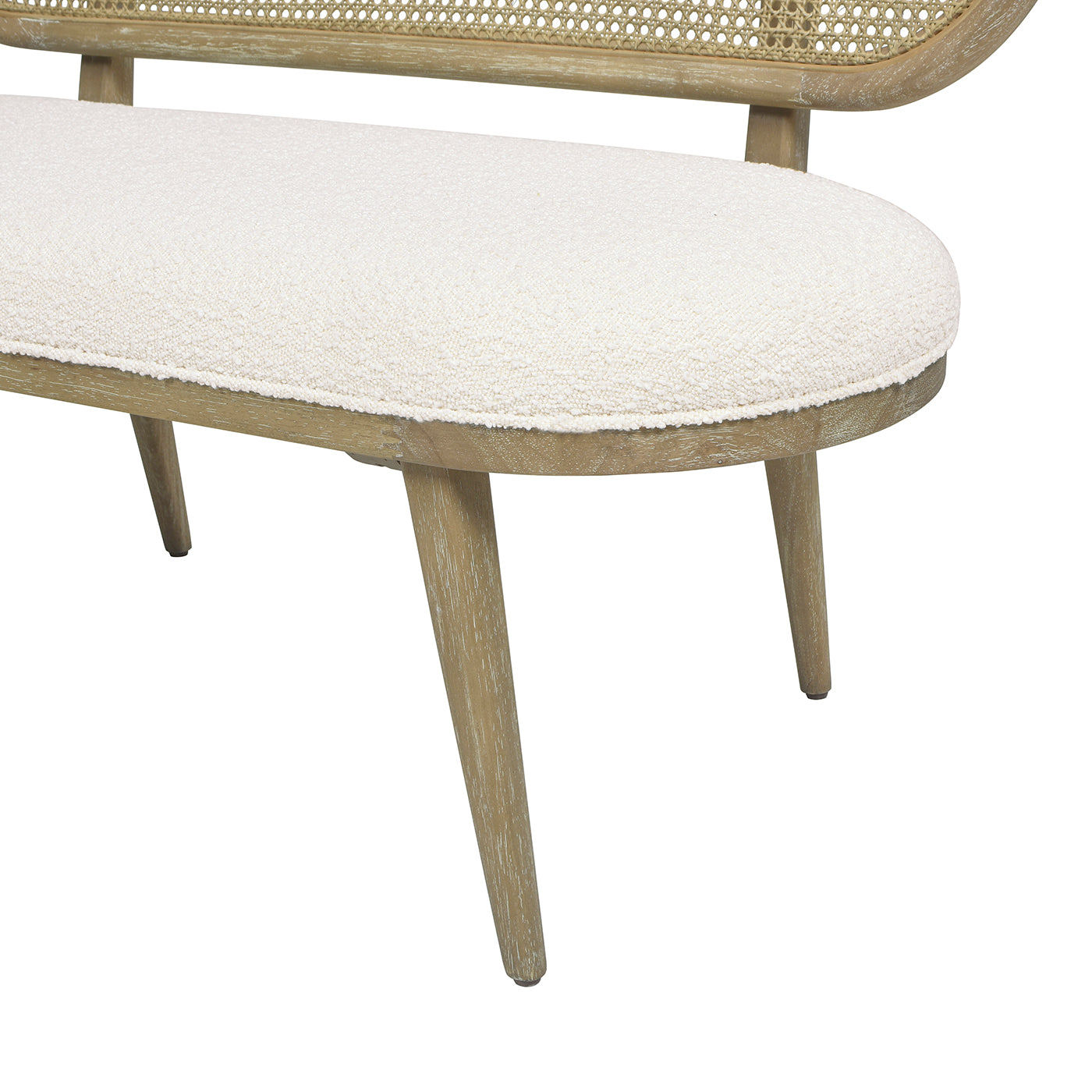 Havana 42" Cane Rattan Upholstered Bench Settee, Ivory White Boucle White Foam Wood Fabric Rattan