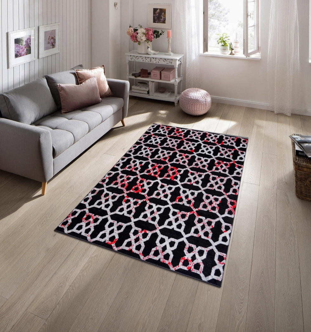 Jersey Area Rugs, Carpets For Livingroom, 7X10 Area Rugs ,3989 Black Red Rectangle 8&10 Black Red Contemporary Abstract Polypropylene