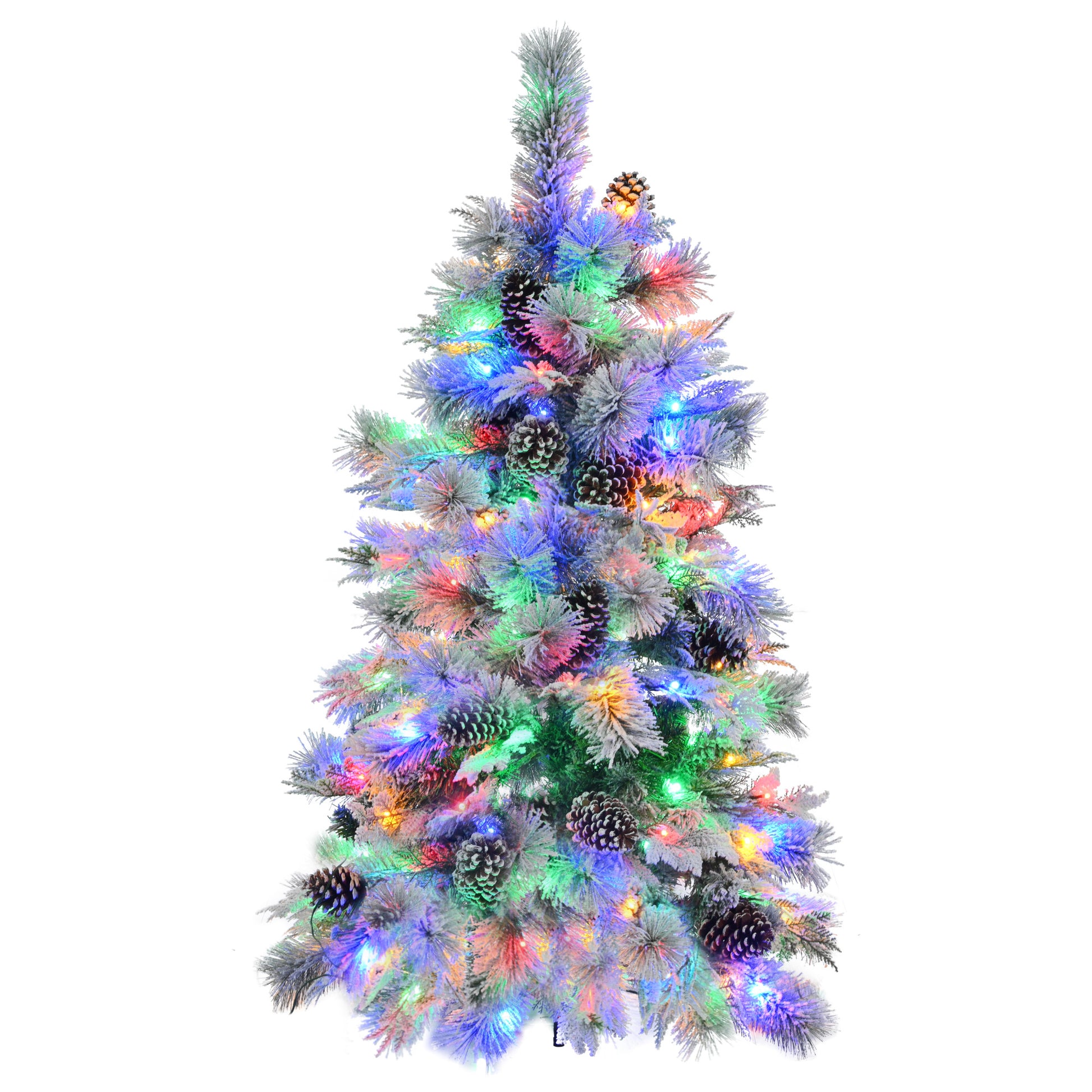 4Ft Pre Lit Spruce Snow Flocked Christmas Tree With Pine Cones, Artificial Xmas Tree With 170 Branch Tips,Mixed Pe & Pvc Branches, 120 Multi Color Led Lights, 11 Flashing Modes, Holiday D Cor White Green Polyethylene,Pvc