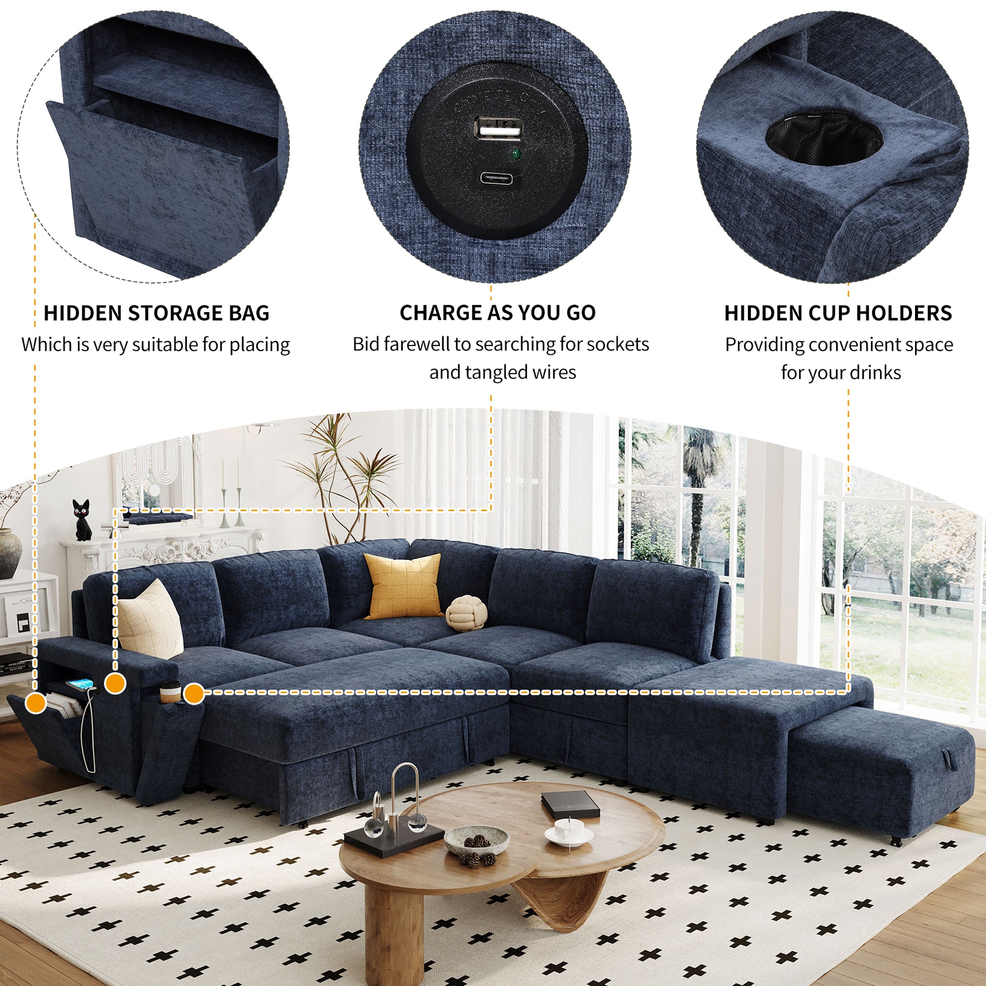 L Shaped Padded Modular Sofa With Storage Space, Usb Ports, And Cup Holders On The Armrests, Suitable For Living Rooms, Offices, And Apartments. Blue Wood Polyester 5 Seat