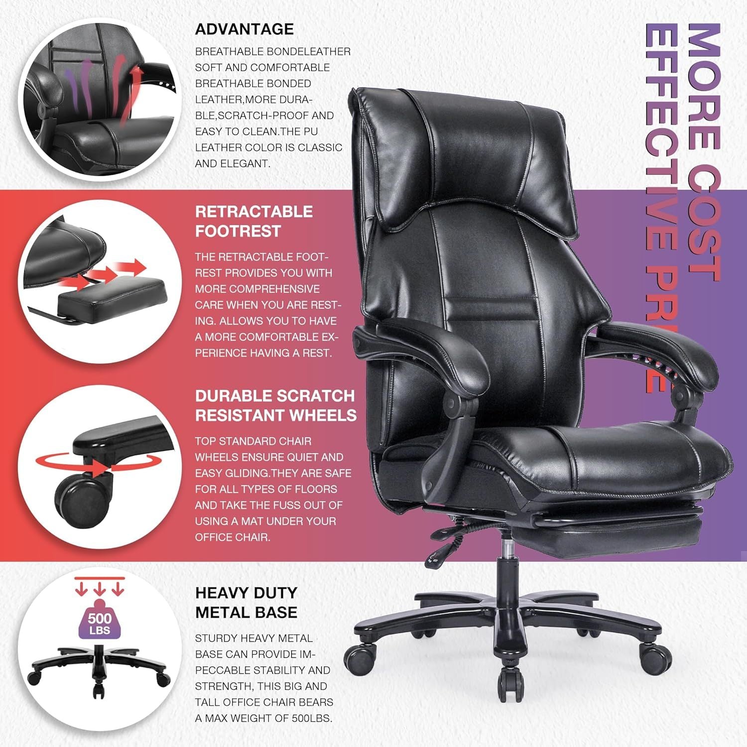 500Lbs Big And Tall Office Chair Wide Seat For Heavy People With Quiet Wheels Heavy Duty Metal Base High Back Larger Size Pu Leather Executive Office Chair With Footrest Back Reclining Alloy Steel Black Foam Faux Leather