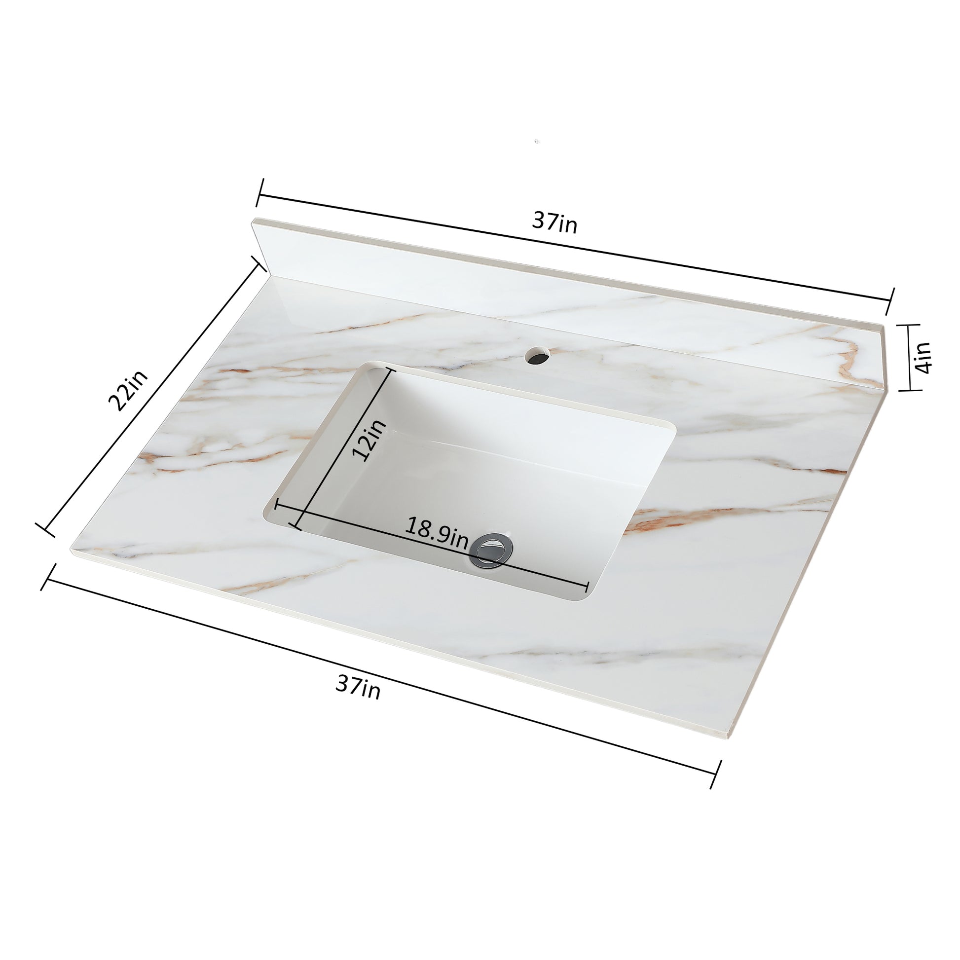 37 Inch Marble Vanity Top, Bathroom Vanity Top With Undermount Rectangular Middle Sink And 4" Height Backsplash, Pre Drilled Faucet Hole Vanity Top, Carrara White With Veins White Marble Bathroom American Design,American Traditional Sintered Stone