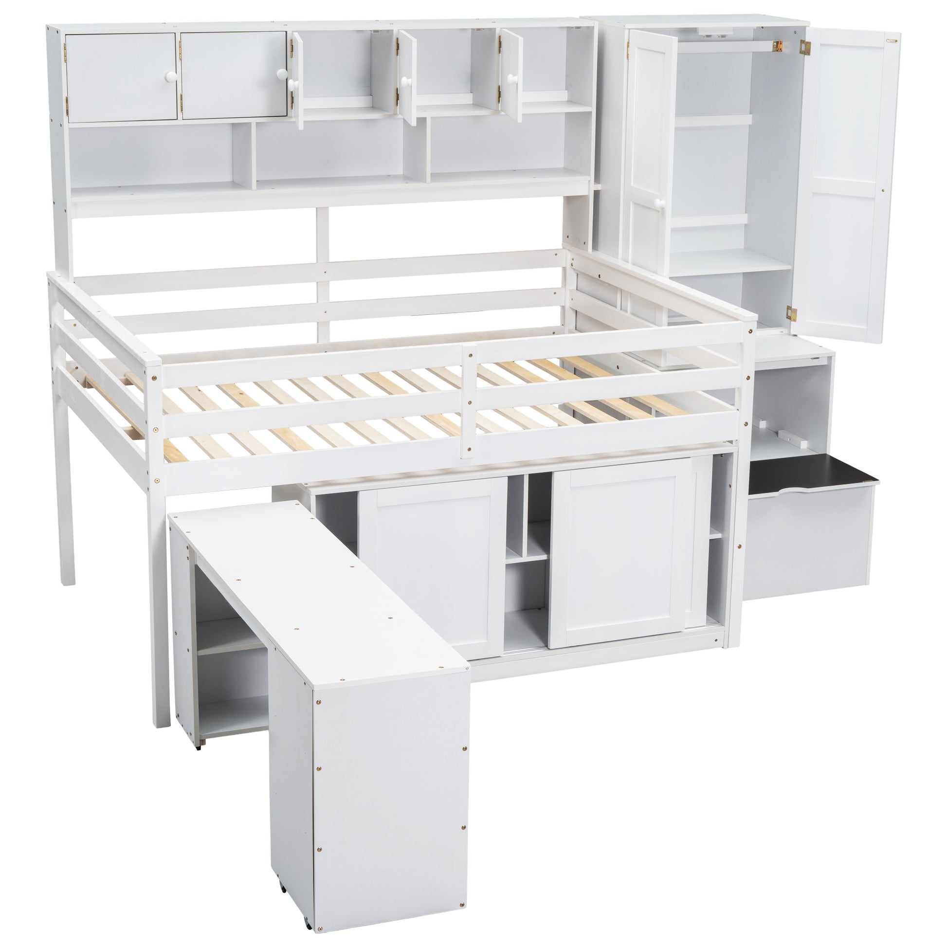 Full Size Wooden Loft Bed Big Storage With Under Bed Desk, With Drawers, With Shelves, White Full White Plywood