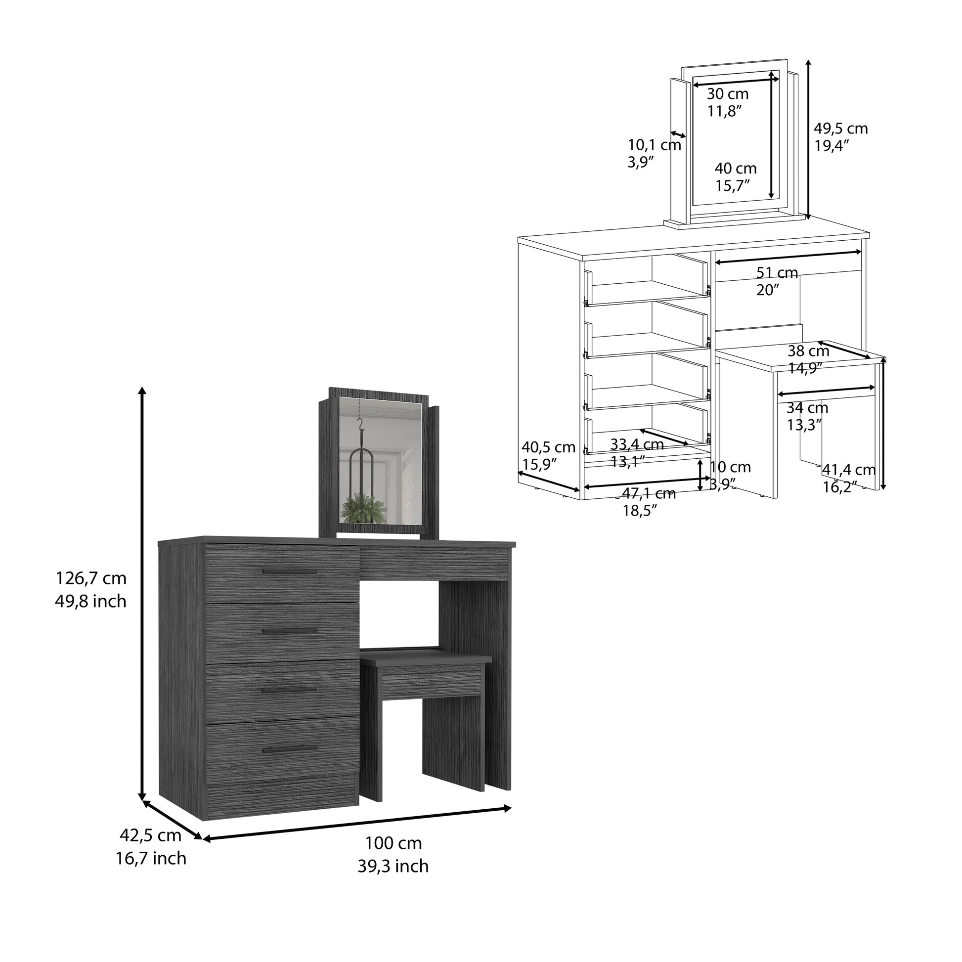 Makeup Dressing Table, Mirror, Four Drawers, Stool, Smokey Oak Smoke Grey Solid Wood Mdf Engineered Wood