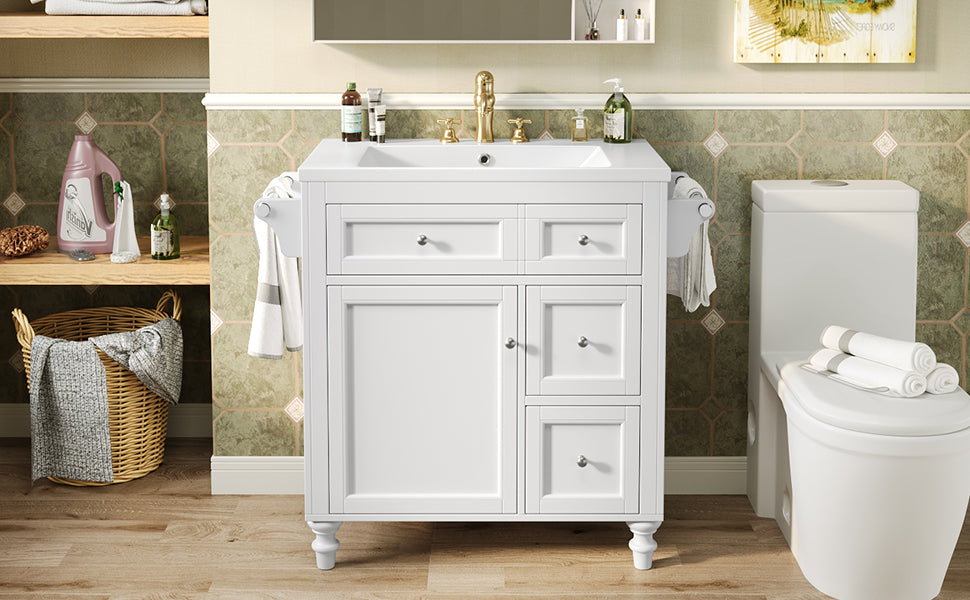 30'' Bathroom Vanity With Top Sink, Modern Bathroom Storage Cabinet With 2 Drawers And A Tip Out Drawer, Single Sink Bathroom Vanity Same As Sw000143Aak White Bathroom Modern Solid Wood Mdf Resin