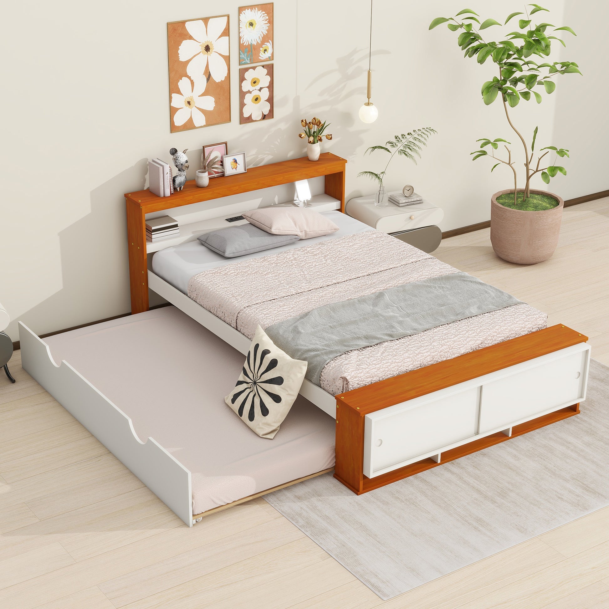 Full Size Platform Bed With Trundle,Storage Headboard And Footboard,Usb Charging Design,White Natural Full White Natural Solid Wood Mdf