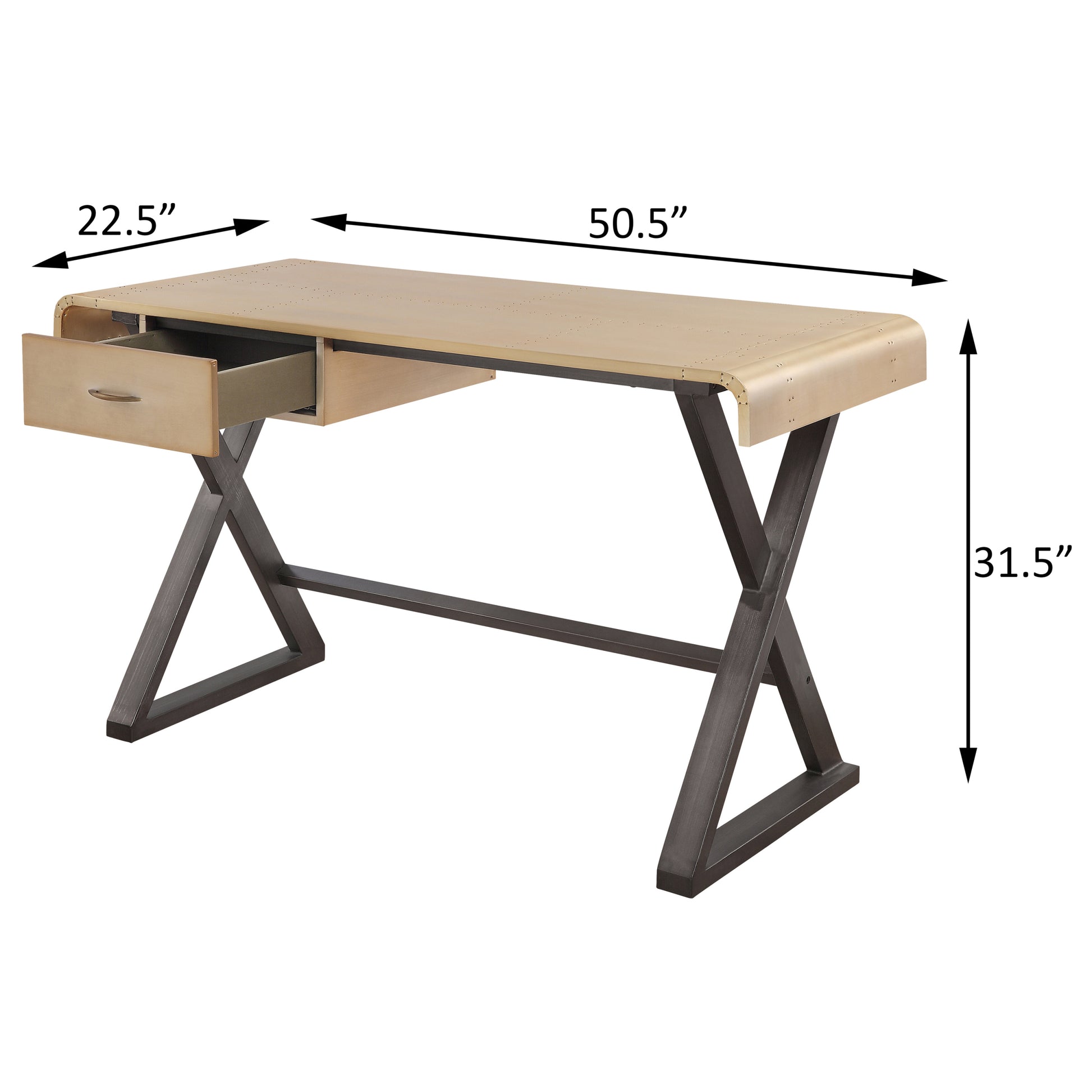 Gold Aluminum And Grey Writing Desk With X Shape Metal Base Gold Writting Desk Office Industrial Rectangular Drawers Desk Wood Metal Sled