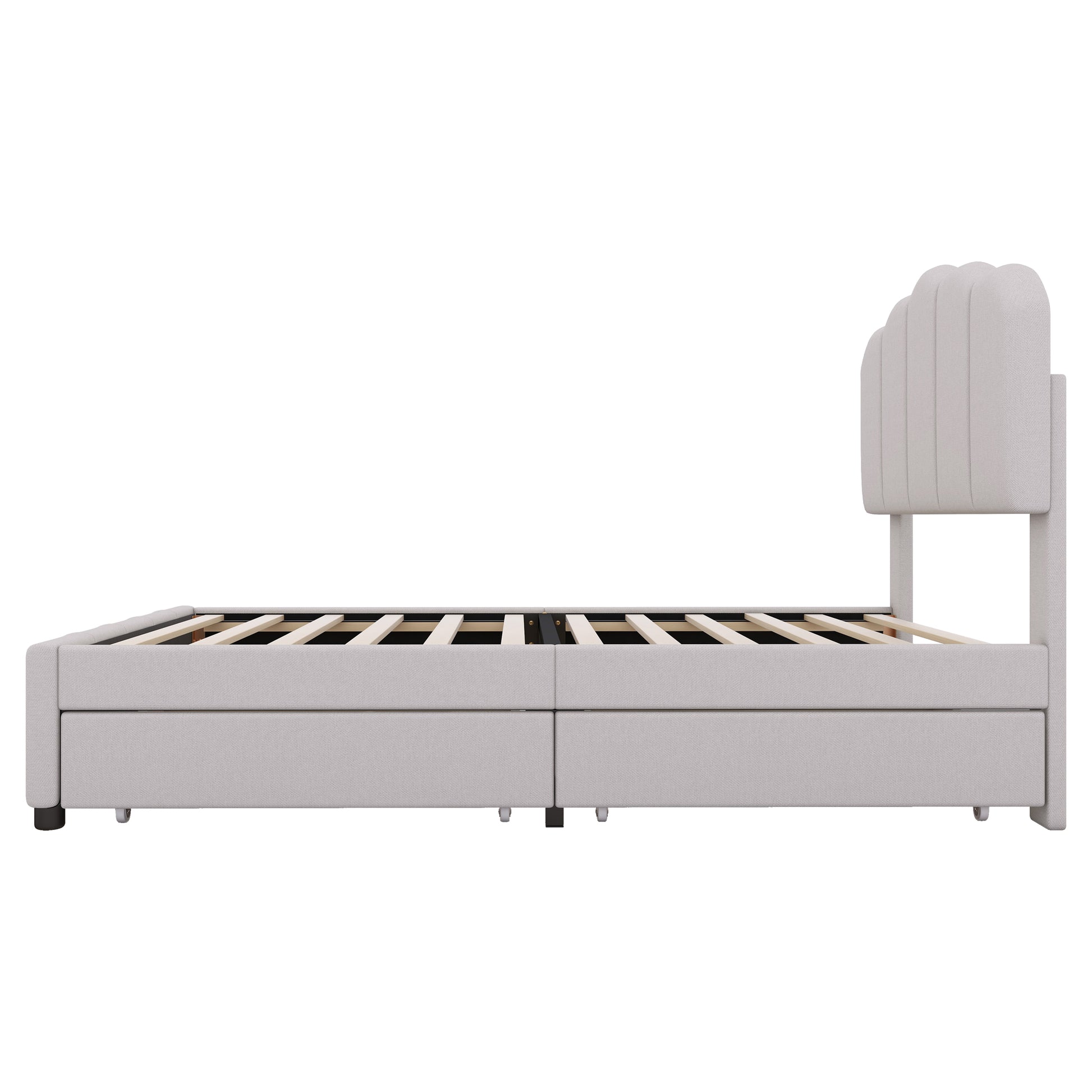 Twin Size Upholstered Bed With 2 Storage Drawers,Wood Slat Support, Beige Twin Beige Upholstered