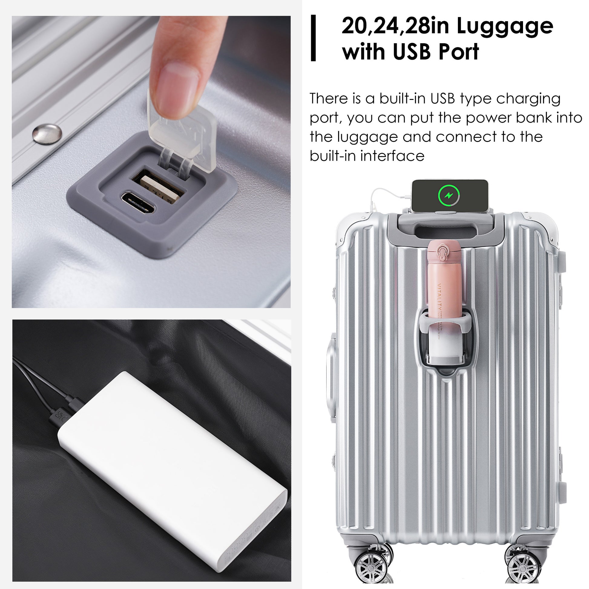 1Pc 20In Aluminum Frame Luggage With Usb Port, Vacation Carry On Suitcase With Spinner Wheels And Tsa Lock, Travel Trolley Case For Short Business Trips, Beach Holidays, Gray Silver Silver Abs Pc