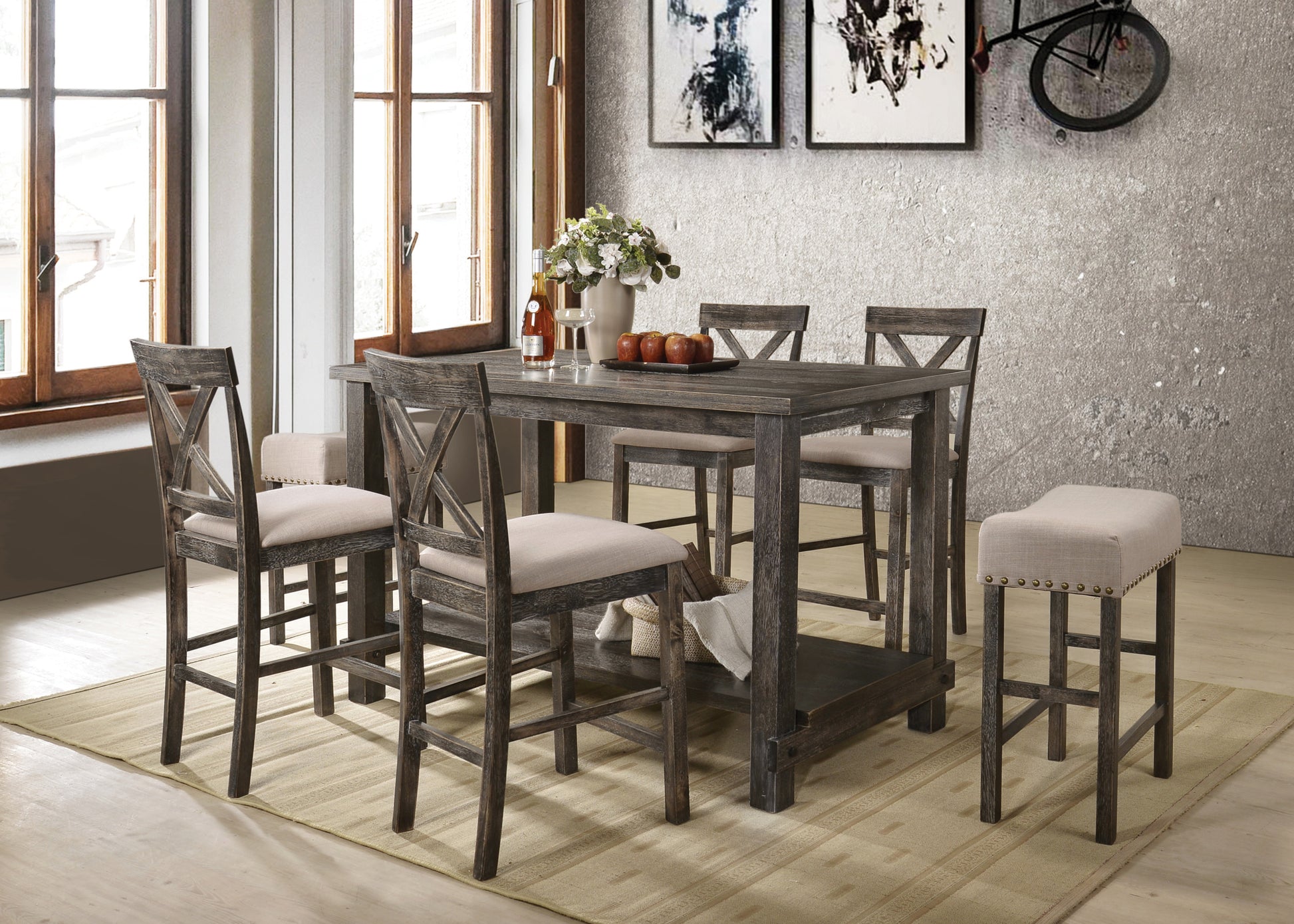 Weathered Grey Counter Height Table With Bottom Shelf Grey Seats 6 Dining Room Rectangular Mdf