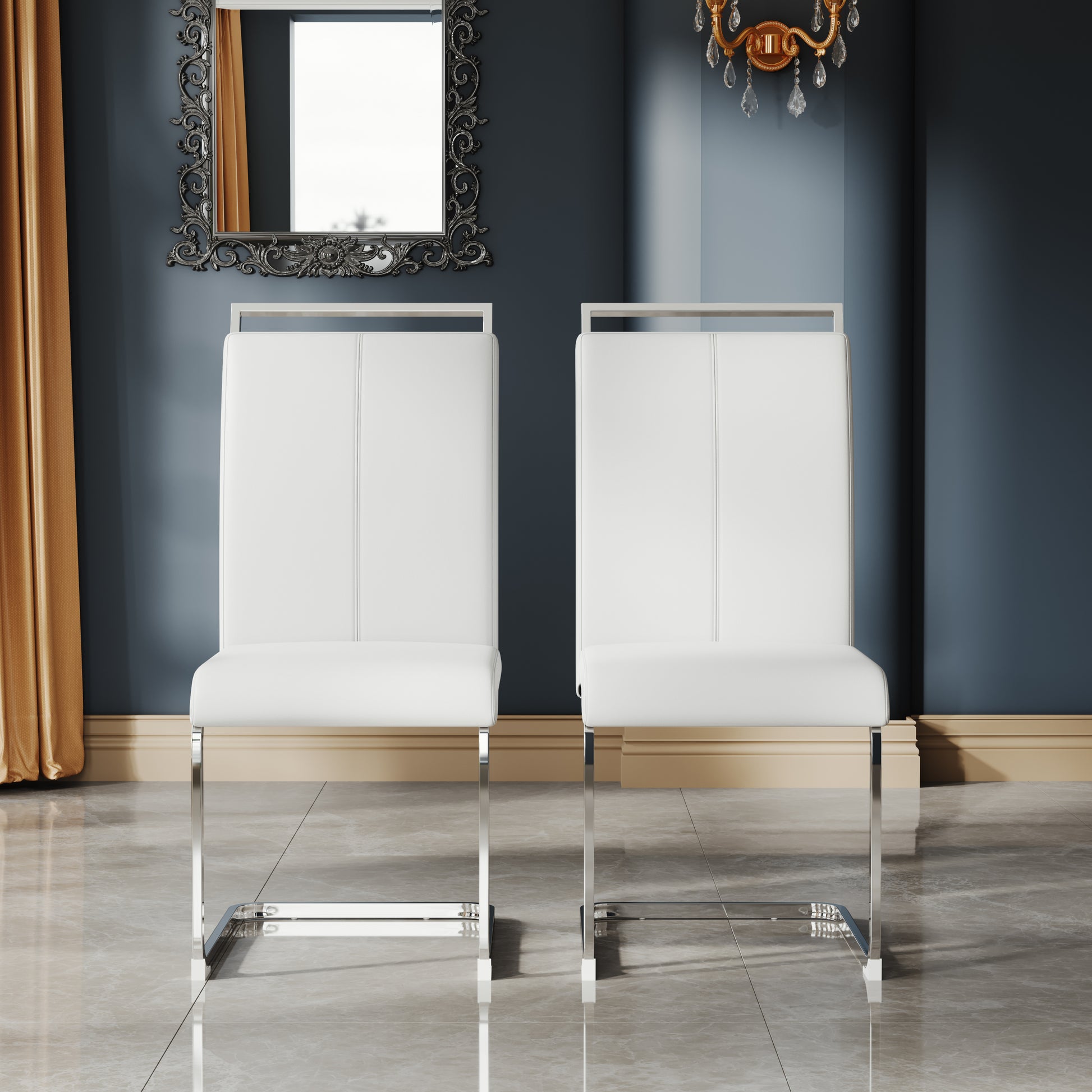 A Set Of 4 Artificial Leather Dining Chairs, Featuring An Arched Chair Design And Paired With Stainless Steel Legs. Silver White Pu Leather