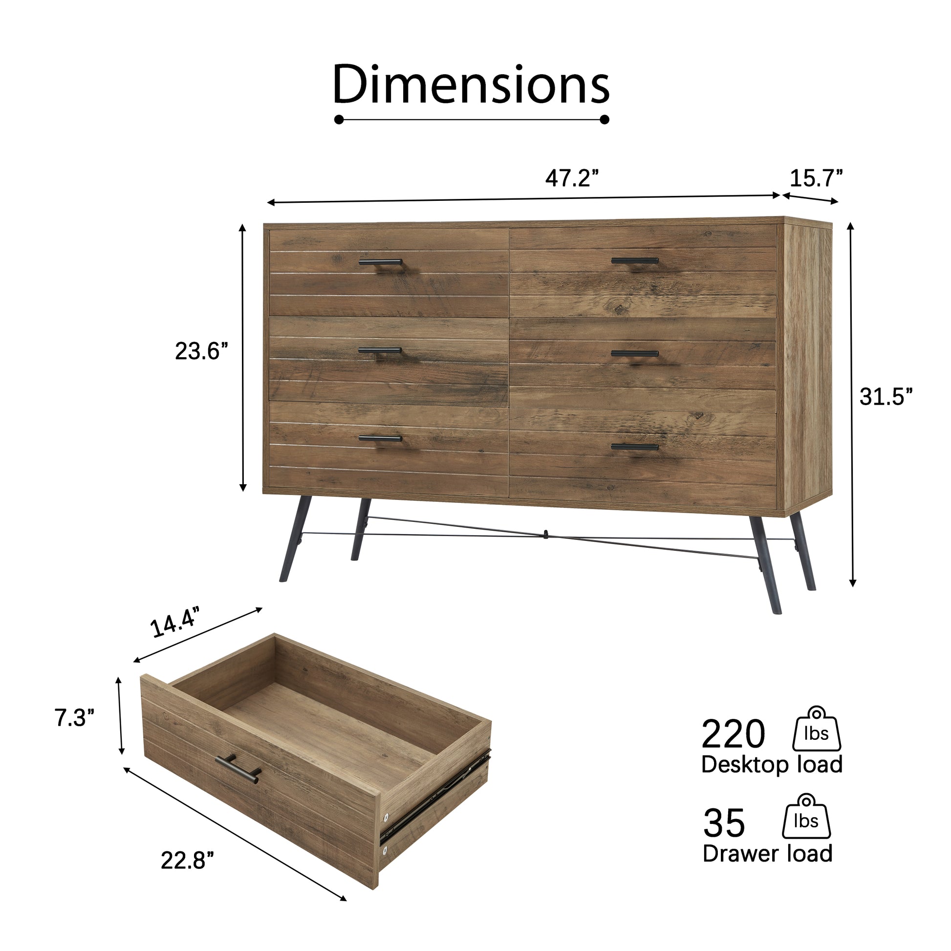 6 Drawer Chest, 6 Drawer Dresser Tv Stand For Tv, Dressers Bedroom Furniture Large Storage Tower Unit, Dresser For Bedroom, Closet, Hallway, 47.2"W X 15.7"D X 31.5"H, Rustic Walnut Walnut Brown Particle Board