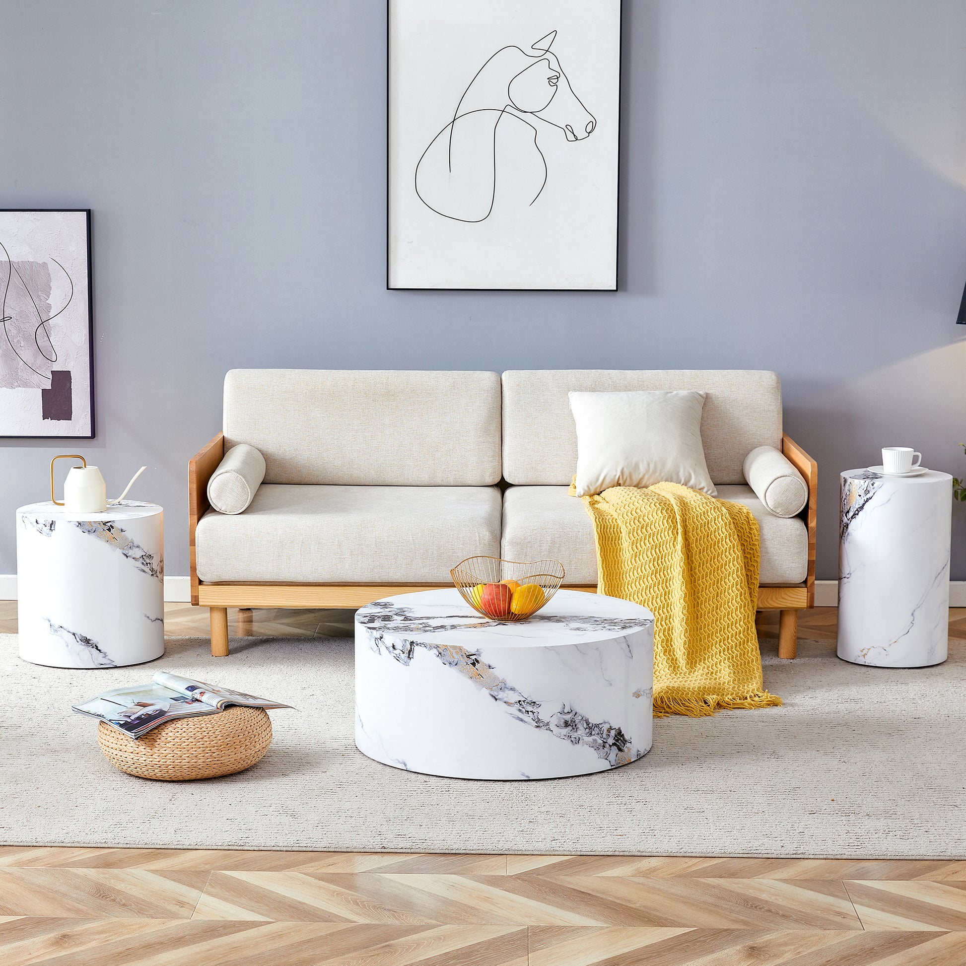 Modern Minimalist Set Of Three Cylinder Marble Patterned Mdf Coffee Tables.The Cylindrical Table With Its Patterned Design Can Be Easily Integrated Into A Variety Of Interior Styles. White Mdf