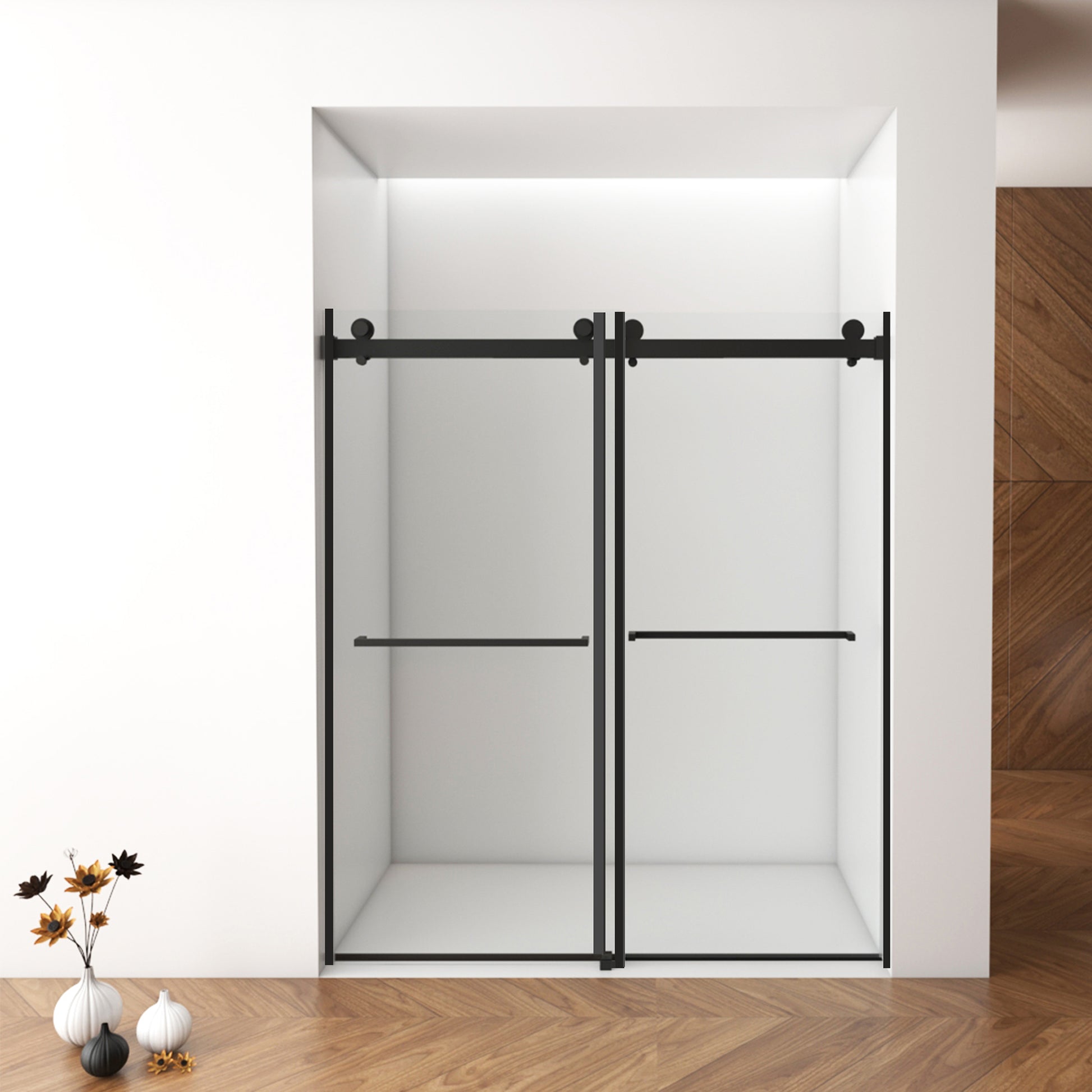 56" 60"W X 76"H Frameless , Double Sliding , With Premium 3 8'' 10Mm Thick Tempered Glass Shower Enclosure,Double Side Easy Clean Coat,Matte Black Finished With Buffer Matte Black Bathroom American Design Stainless Steel