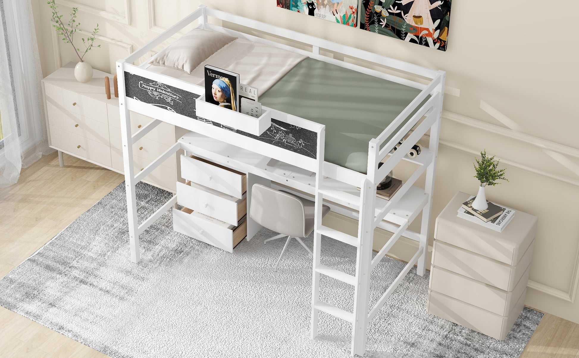 Wood Twin Size Loft Bed With Desk, Blackboard, Storage Box, Shelf And 3 Drawers, White Box Spring Not Required Twin White Wood Solid Wood Mdf