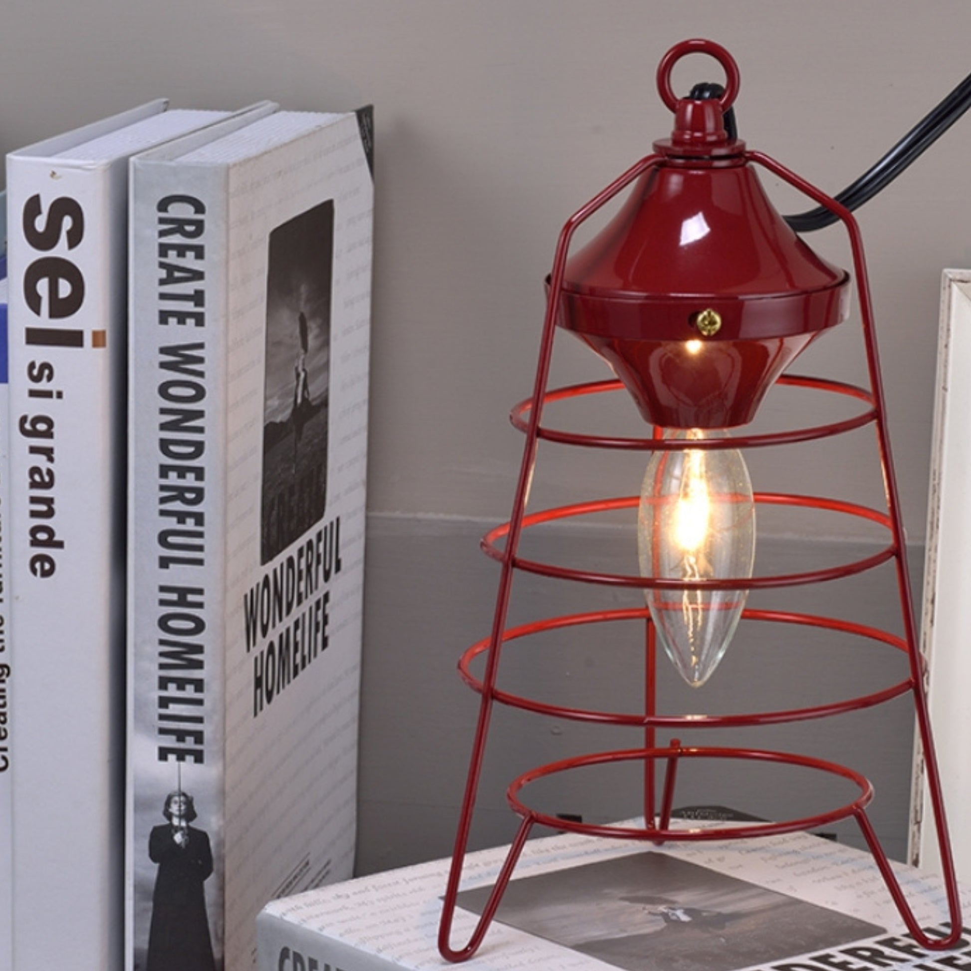 9.5" Tall Table Lamp, Camp Lantern Design, Red Red Metal