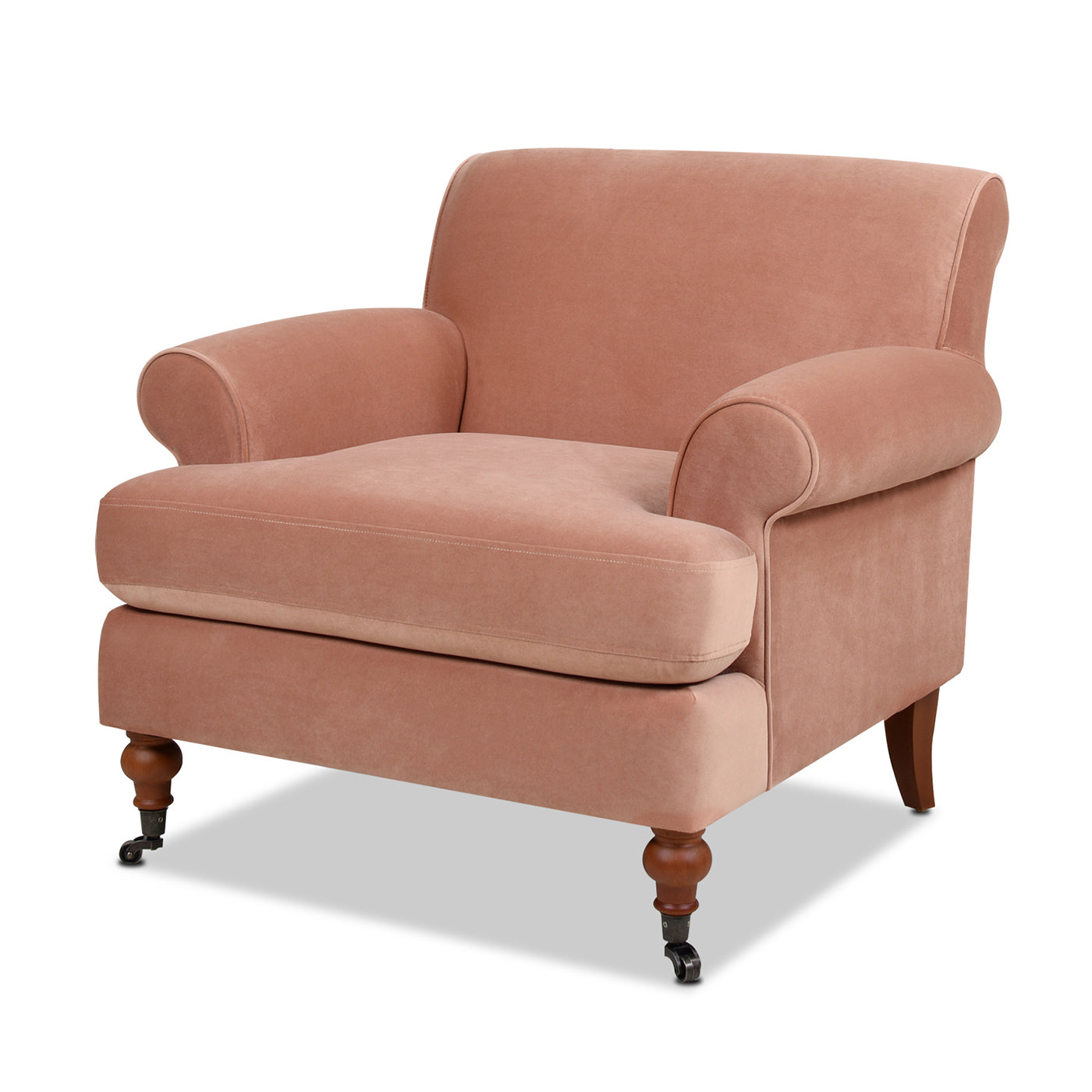 Alana 38" Lawson Accent Arm Chair Metal Casters, Peach Orange Velvet Orange Foam Velvet