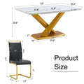 Table And Chair Set, The Table Is Equipped With A Marble Patterned Mdf Tabletop And Gold Table Legs.The Chair Is Equipped With Pu Synthetic Leather High Back Cushion And Gold Coated Metal Legs. Gold Black Seats 4 Mdf Metal