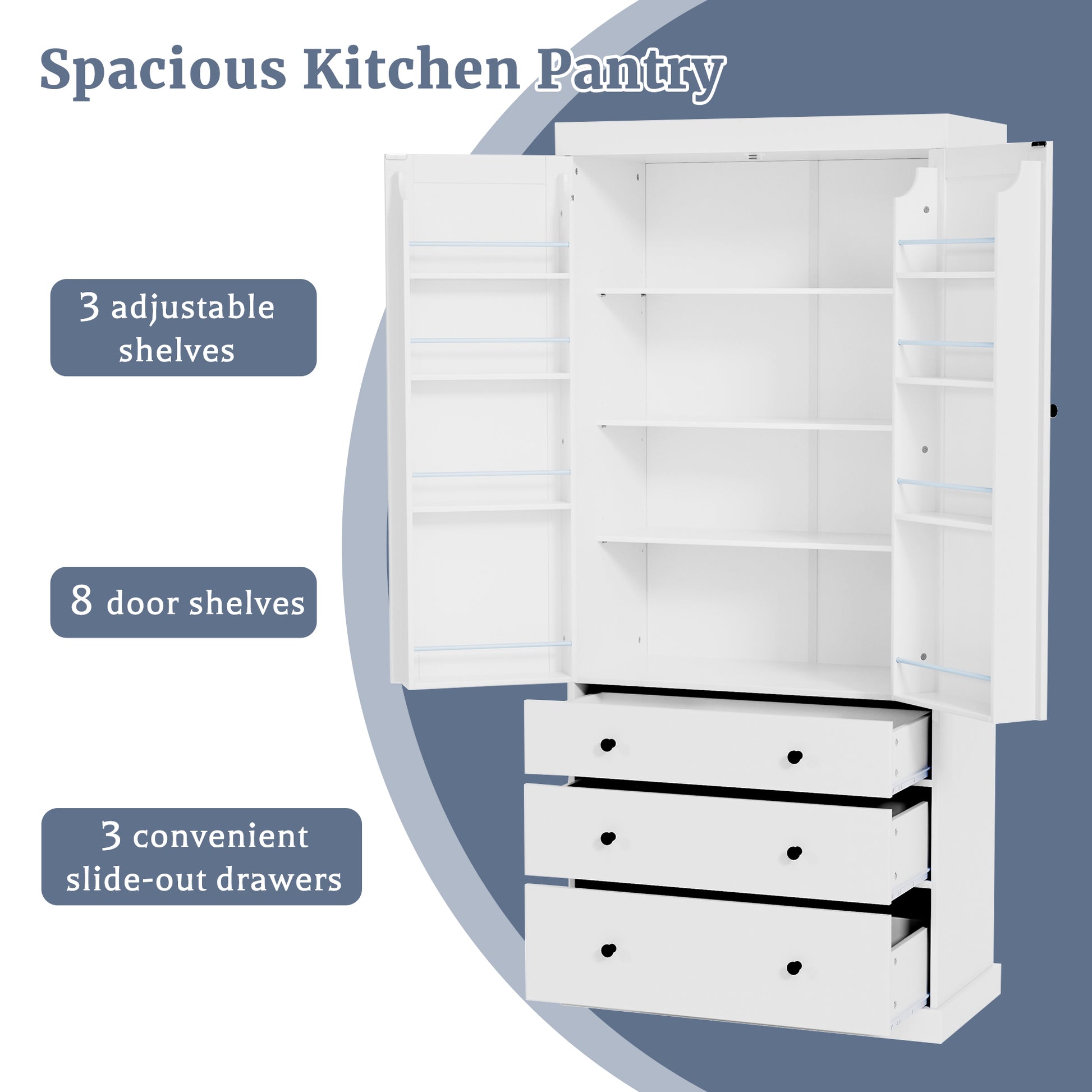 Assembly 77Inch Farmhouse Kitchen Pantry, Freestanding Tall Cupboard Storage Cabinet With 3 Adjustable Shelves, 8 Door Shelves, 3 Drawers For Kitchen, Dining Room, White White Kitchen Farmhouse