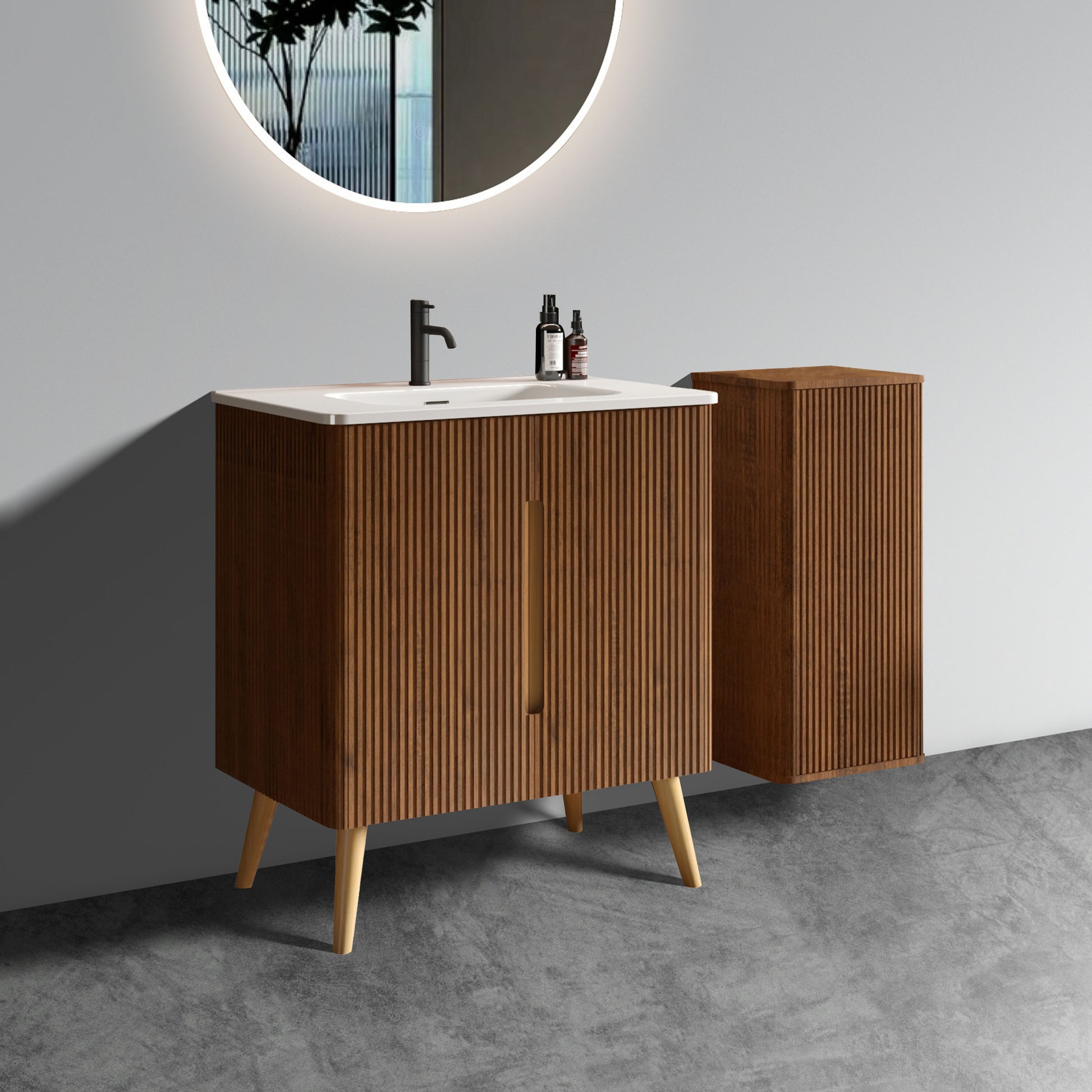 Etna 30" Striped Walnut Bathroom Vanity With Sink & Side Cabinet, Freestanding Vanity & Floating Storage Cabinet Combo For Modern Bathroom, Kd White Walnut Bathroom Modern Plywood Ceramic Mdf