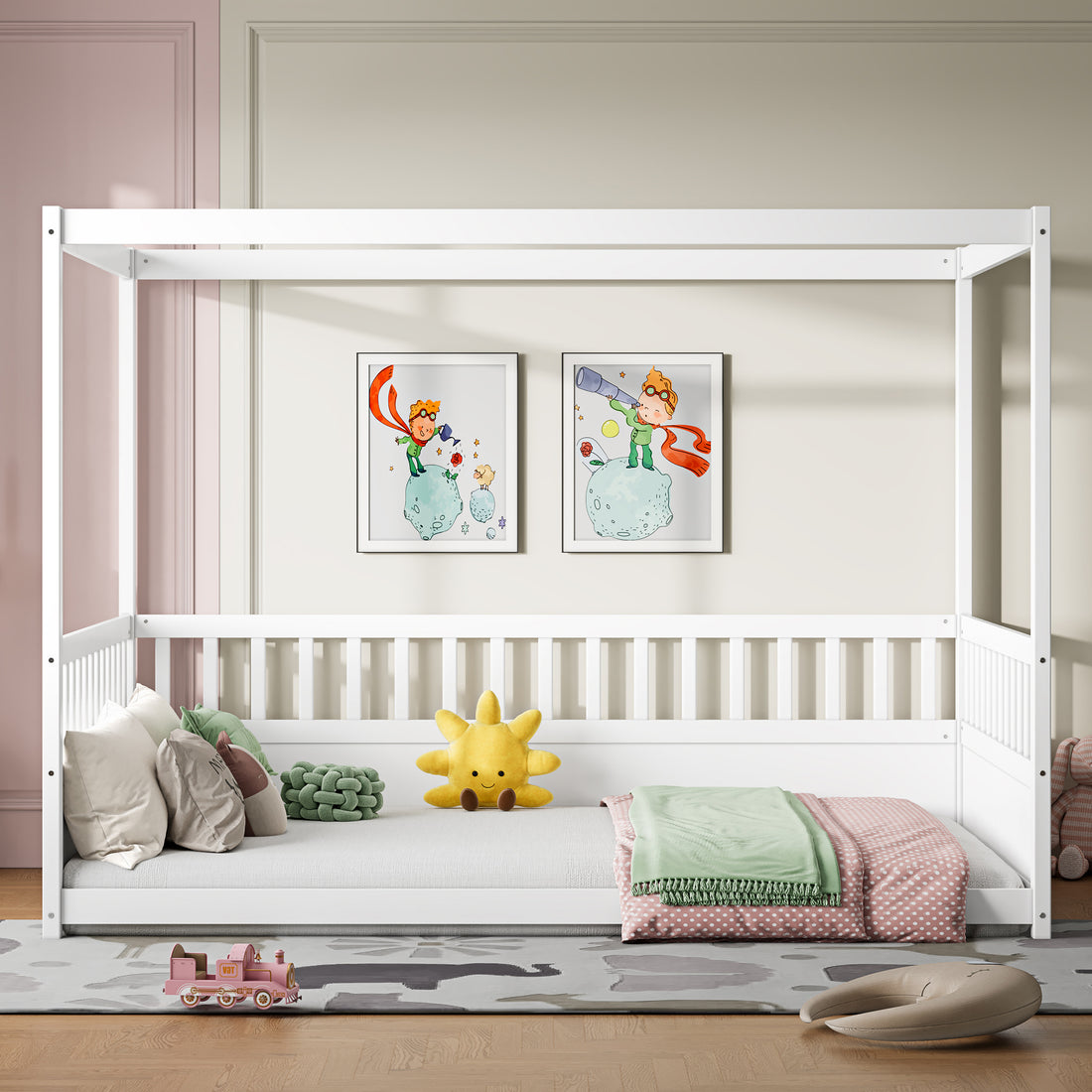 Full Size Canopy Bed Frame With Guardrails For Kids,Floor Bed Full With Four Poster Design,Kids Montessori Floor Bed,Wood Canopy Bed Frame For Girls,Boys Full,White Box Spring Required Full White