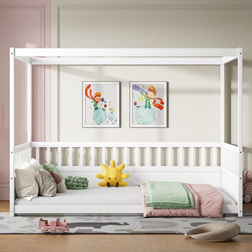 Full Size Canopy Bed Frame With Guardrails For Kids,Floor Bed Full With Four Poster Design,Kids Montessori Floor Bed,Wood Canopy Bed Frame For Girls,Boys Full,White Box Spring Required Full White