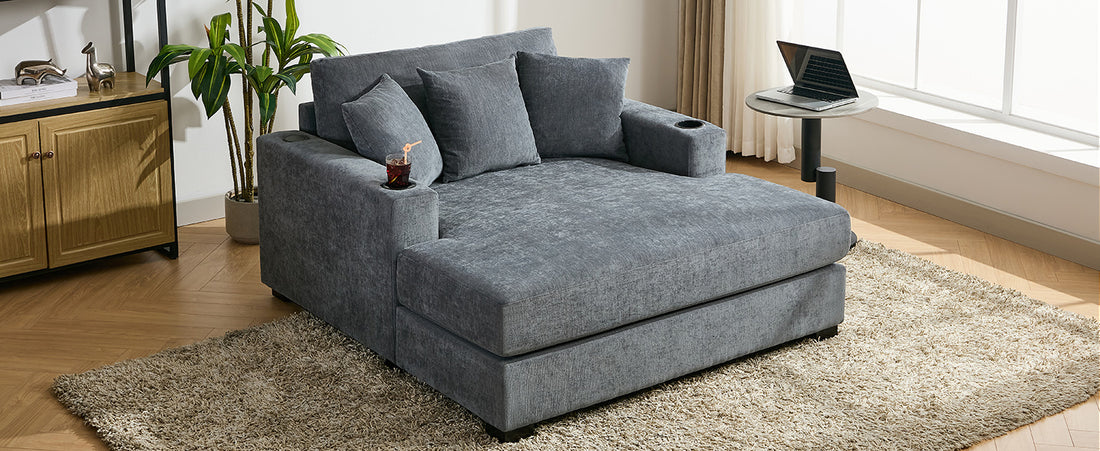 55" Oversized Chaise Lounger Modern Style Sofa Couch ,With Pillows, Charge Station & Cup Holders, Chenille Fabric, Blue Gray Blue Gray Chenille