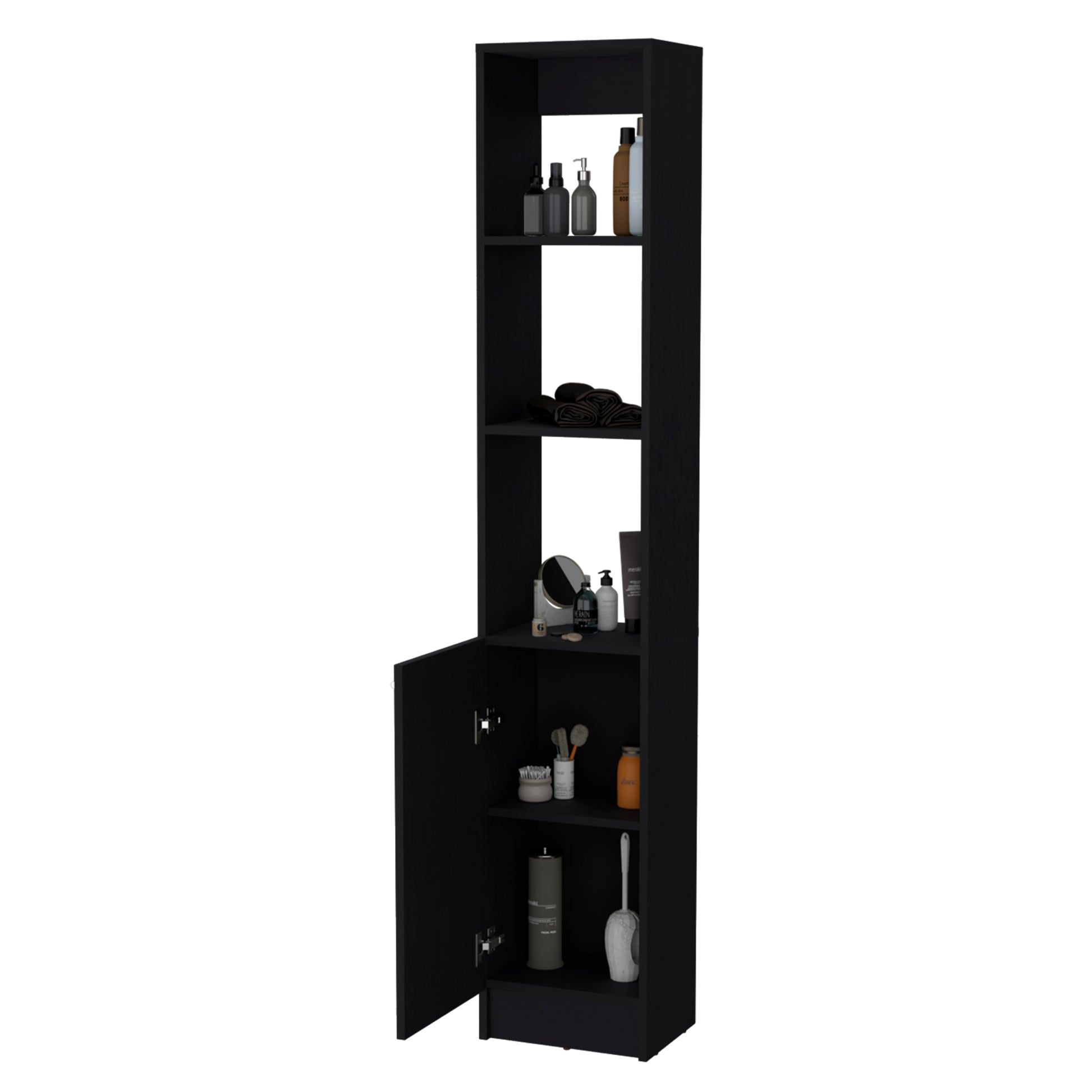 Brenda Linen Cabinet With 1 Door, 3 Open Shelves Black 1 5 60 In & Above Bathroom 10 15 Inches Particle Board Engineered Wood