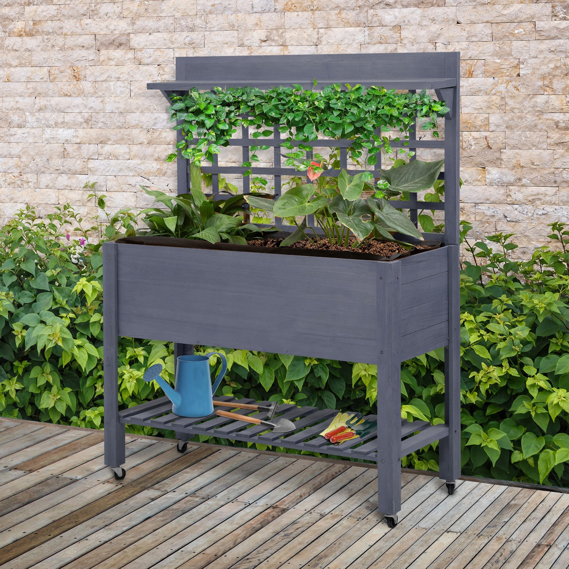 Outsunny 41" Raised Garden Bed With Trellis On Wheels, Wooden Elevated Planter Box With Legs And Bed Liner, For Flowers, Herbs & Vegetables, Gray Gray Wood