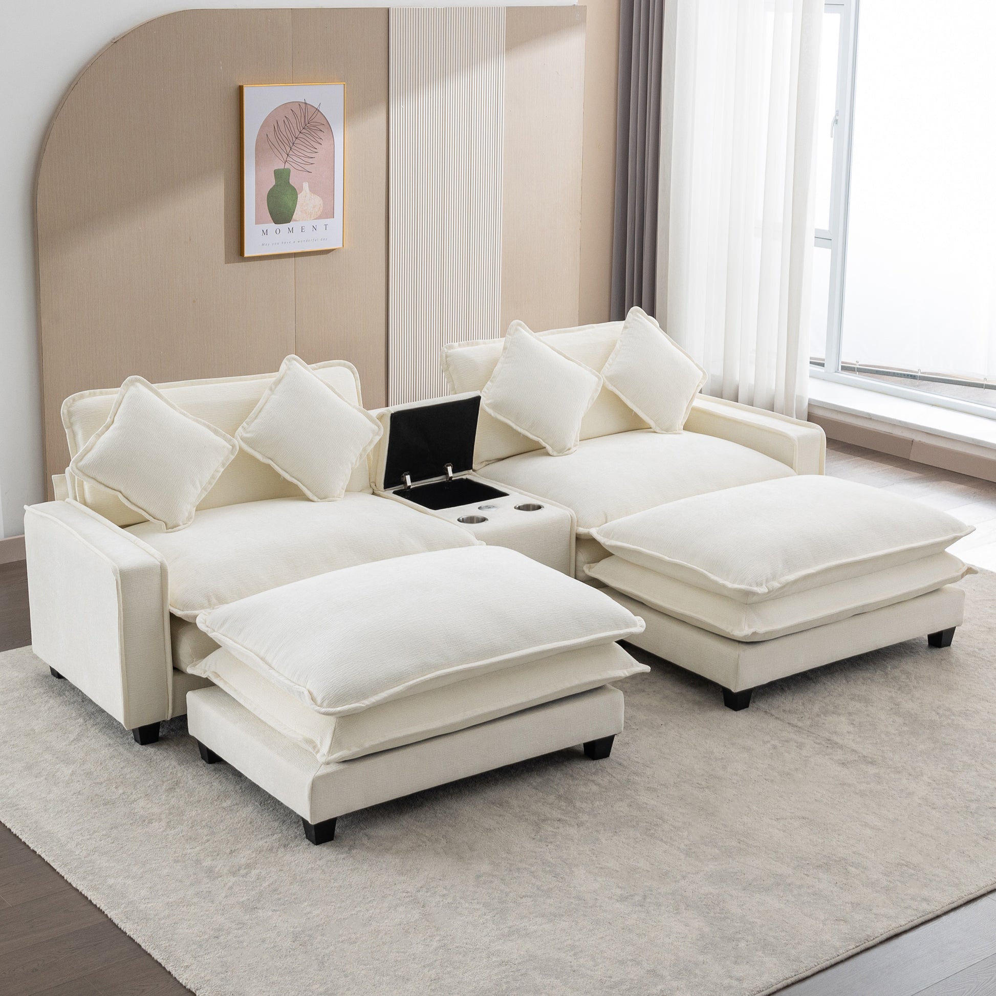 112.6" Sectional Sofa Chenille Upholstered Sofa With Two Removable Ottoman, Two Usb Ports, Two Cup Holders And Large Storage Box For Living Room, Beige Beige Foam Chenille 2 Seat