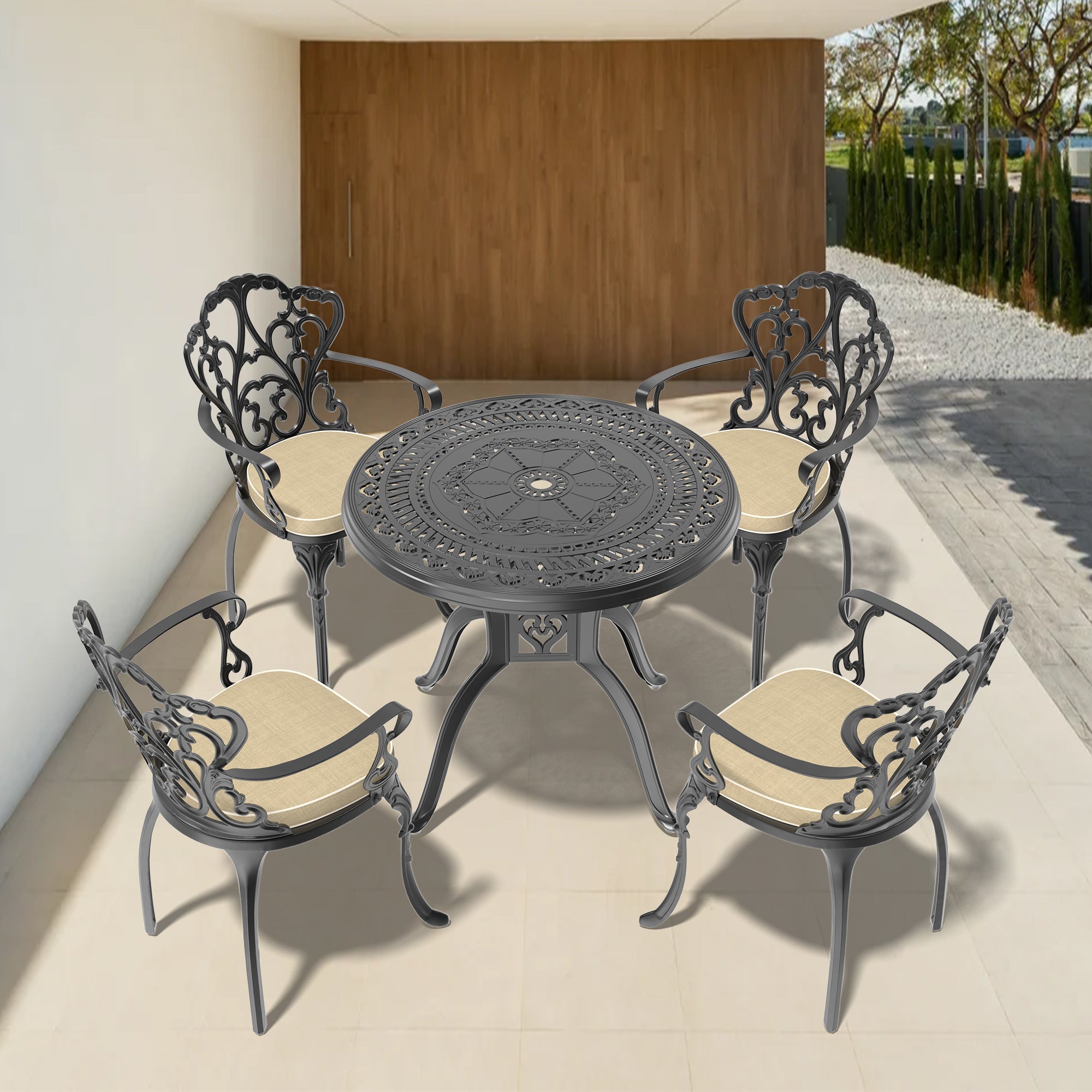 Cushions In Random Colors 5 Piece Set Of Cast Aluminum Patio Furniture With Cushions Yes Dining Set Black Seats 4 Rust Resistant Frame Water Resistant Cushion Garden & Outdoor Complete Patio Sets