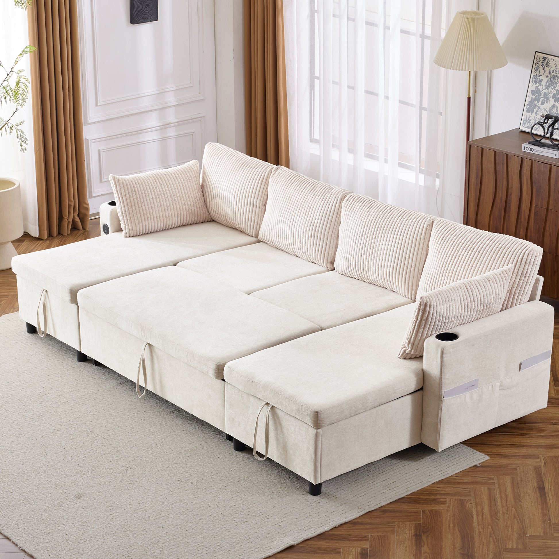 111.8" Sectional Sofa Pull Out Sofa Bed Versatile Sofa Sleeper With Large Storage Space, Two Usb Ports And Two Cup Holders For Living Room, Beige Beige Foam Chenille 4 Seat