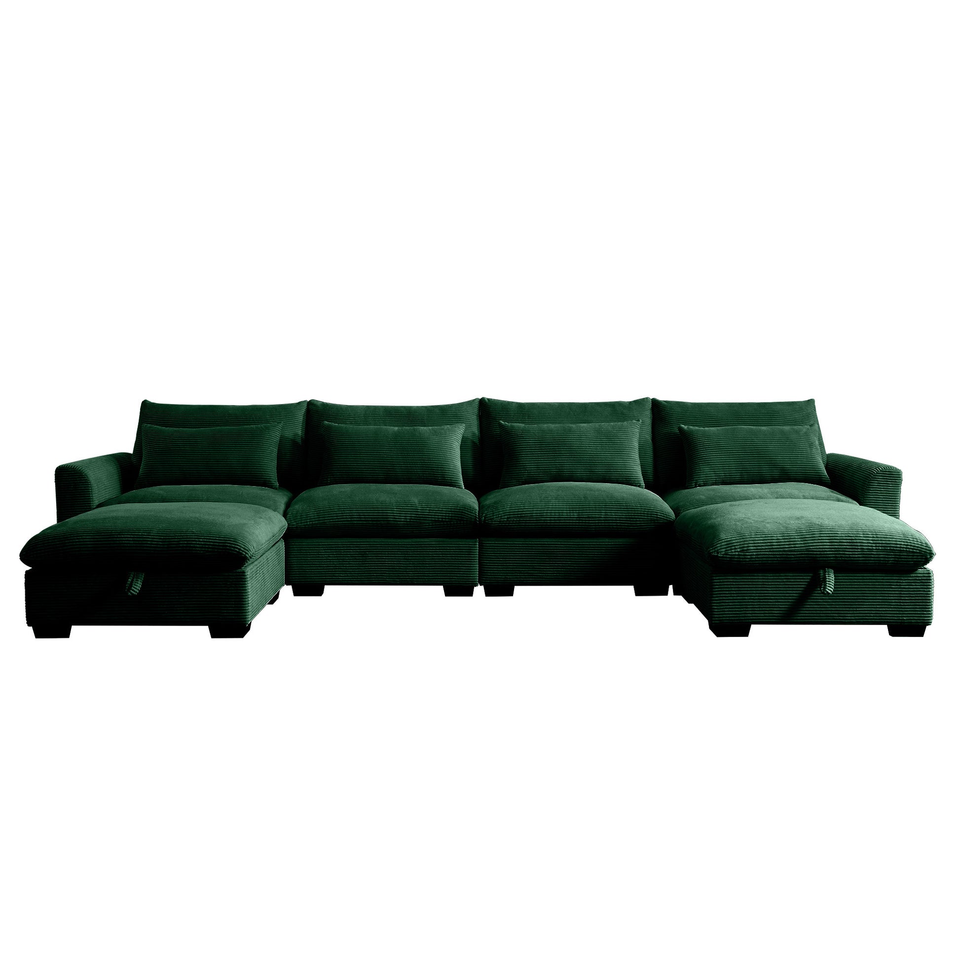 Big Deep Seat U Shaped Corduroy Sectional Couches For Living Room, 4 Seater Sofa Couch With 2 Storage Footstool And 4 Waist Pillows Corduroy, Green Green Corduroy 4 Seat