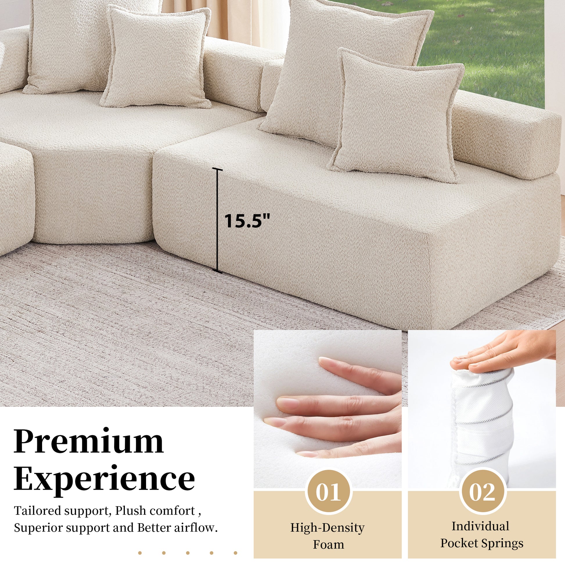 Oversized Modular L Shaped Sectional Sofa,Luxury Boucle Floor Couch Set,Convertible Sleeper Couch,Spacious Foam Filled Sofa Bed For Living Room,3 Pc Free Combination,2 Colors Beige Boucle 5 Seat