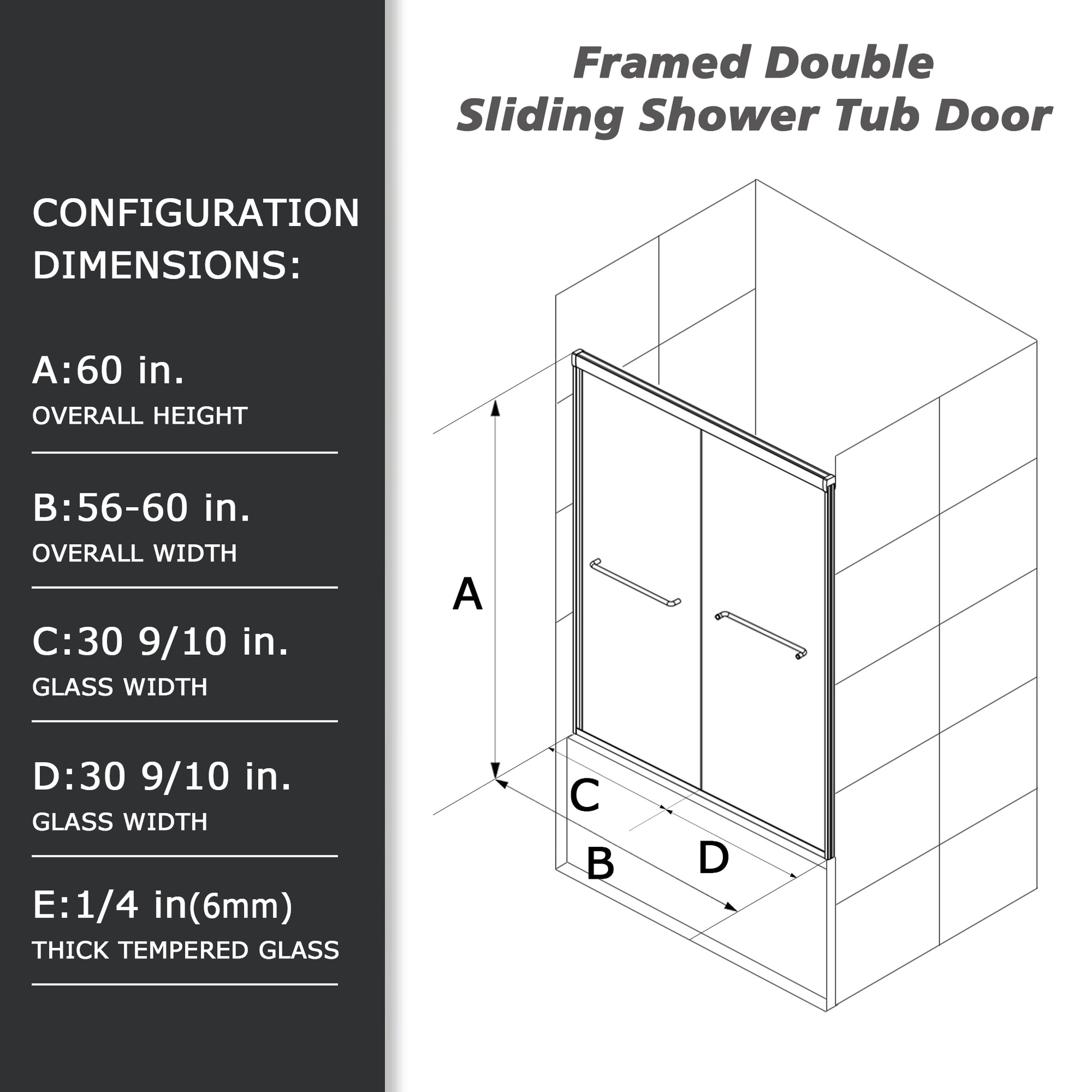 60"W X 60"H Bathtub Glass Sliding Shower Tub Door, 1 4 In. Clear Glass, Framed Bypass Double Sliding Tub Glass Door, Matte Black Finish Matte Black Bathroom American Design Glass Metal